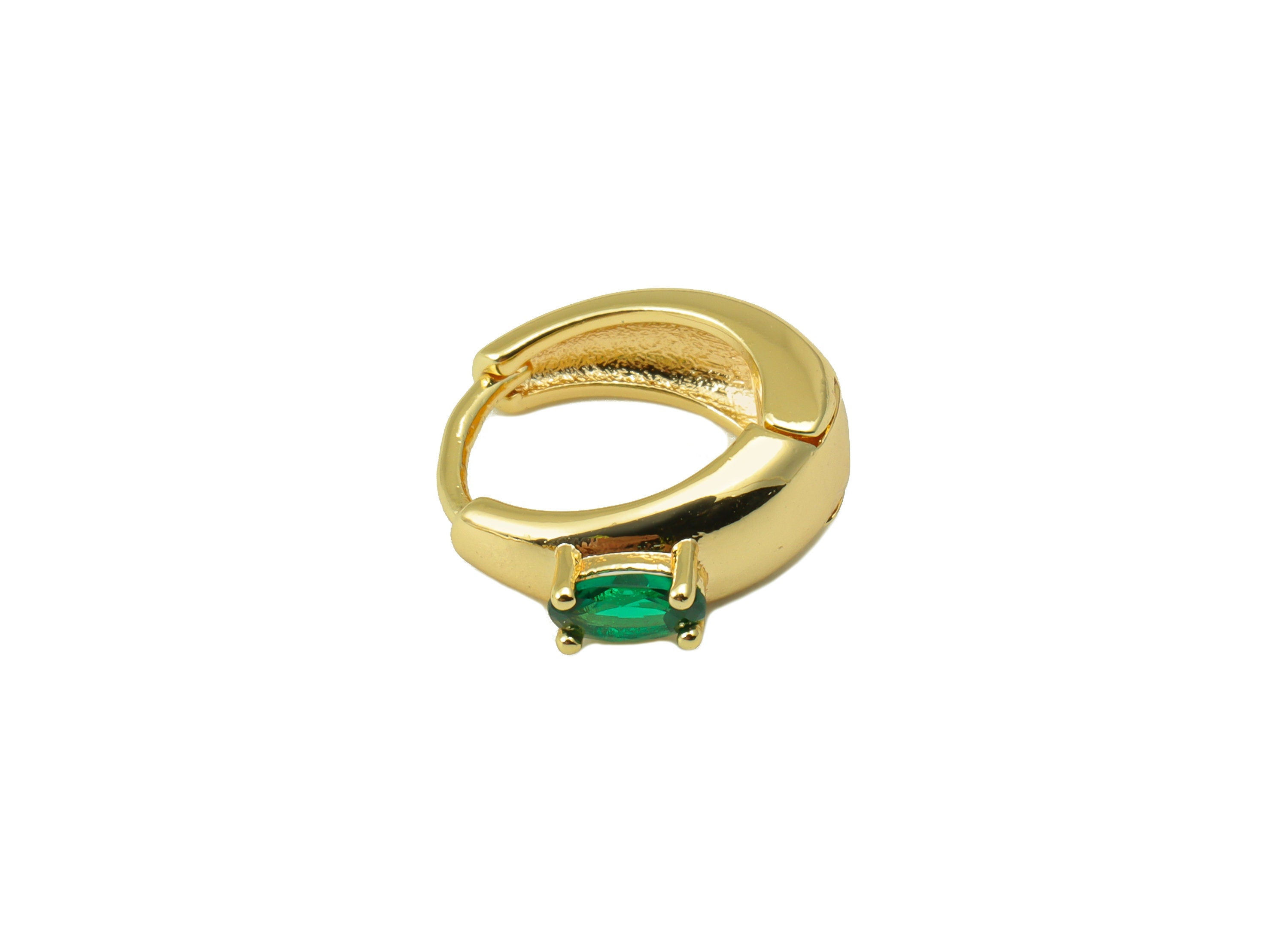 Brass Huggie Hoop Earring Clasp - Brass Green Ellipse Hoop Clasp - Ring Oval Cubic Zirconia Clasp - 18K Real Gold Plated -13x14x3mm- RGP6528 - DOMEDBAZAAR