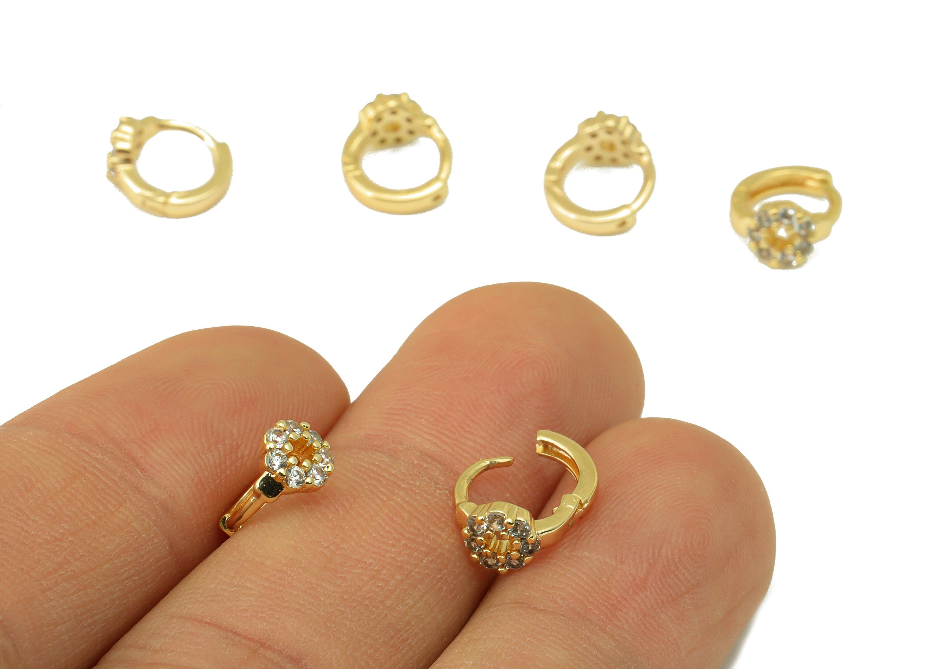 Brass Hoop Earring Clasp - Brass Flower Hoop Clasp - Ring Flower Cubic Zirconia Clasp - Huggie Clasp -18K Real Gold Plated-10x8x2mm-RGP6547 - DOMEDBAZAAR