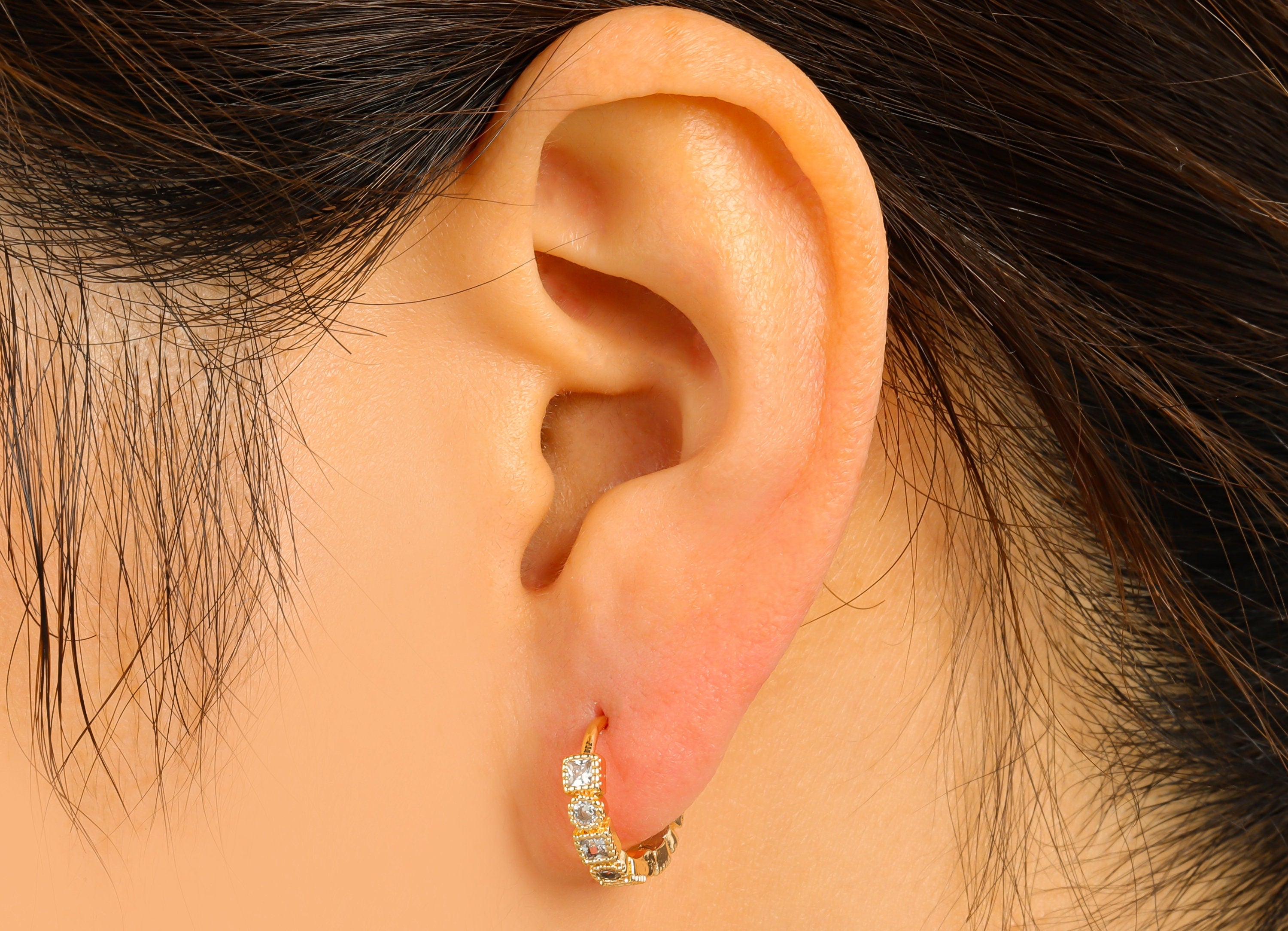 Brass Hoop Earring Clasp - Brass Square Textured Clasp -Mini Ring Cubic Zirconia Huggie Clasp -18K Real Gold Plated- 13.8x13x1.94mm -RGP6524 - DOMEDBAZAAR