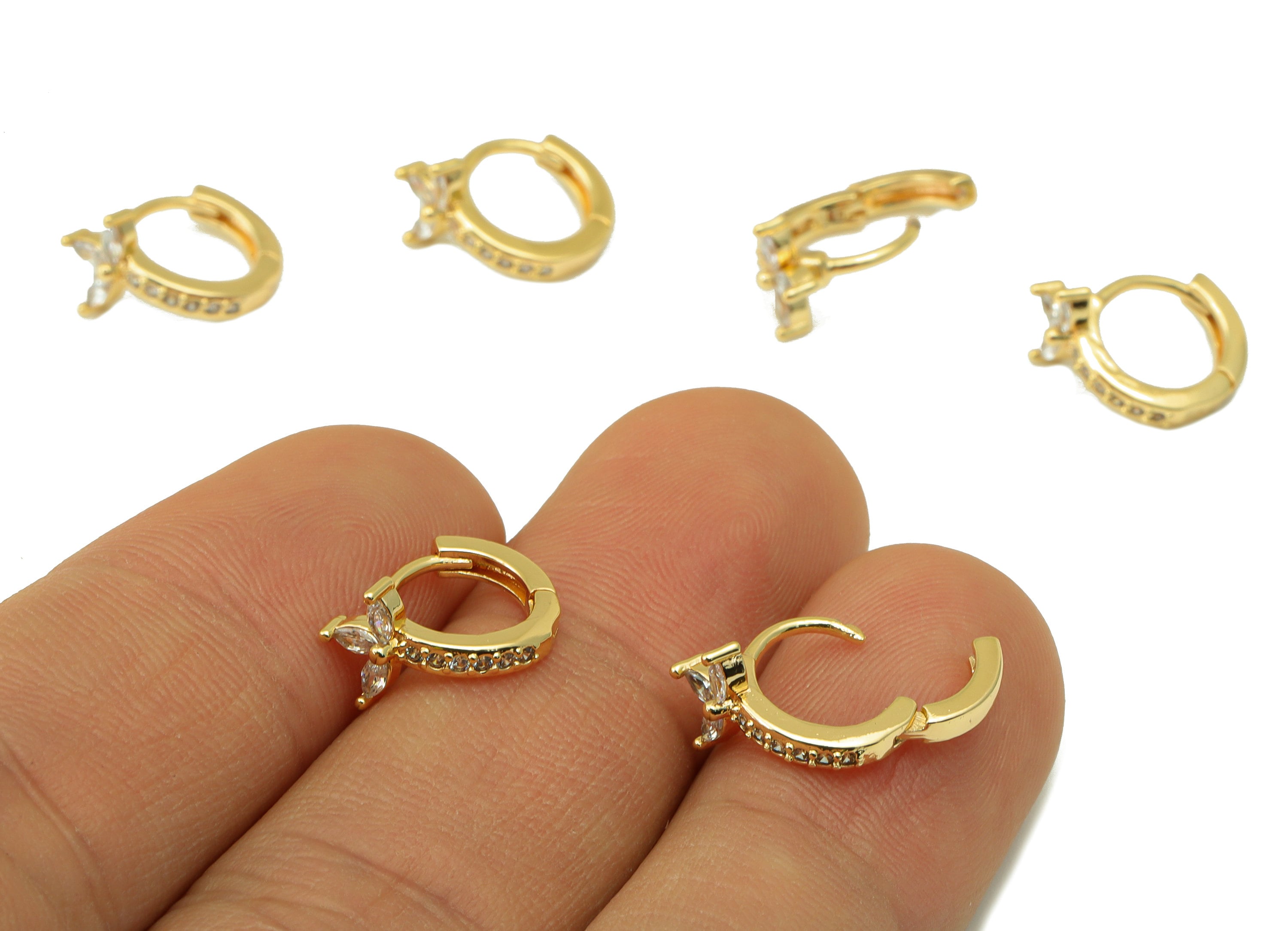 Brass Hoop Earring Clasp - Marquise Clasp -Mini Ring Cubic Zirconia Huggie Clasp -Flower Clasp -18K Real Gold Plated-13x10x3.01mm -RGP6523 - DOMEDBAZAAR