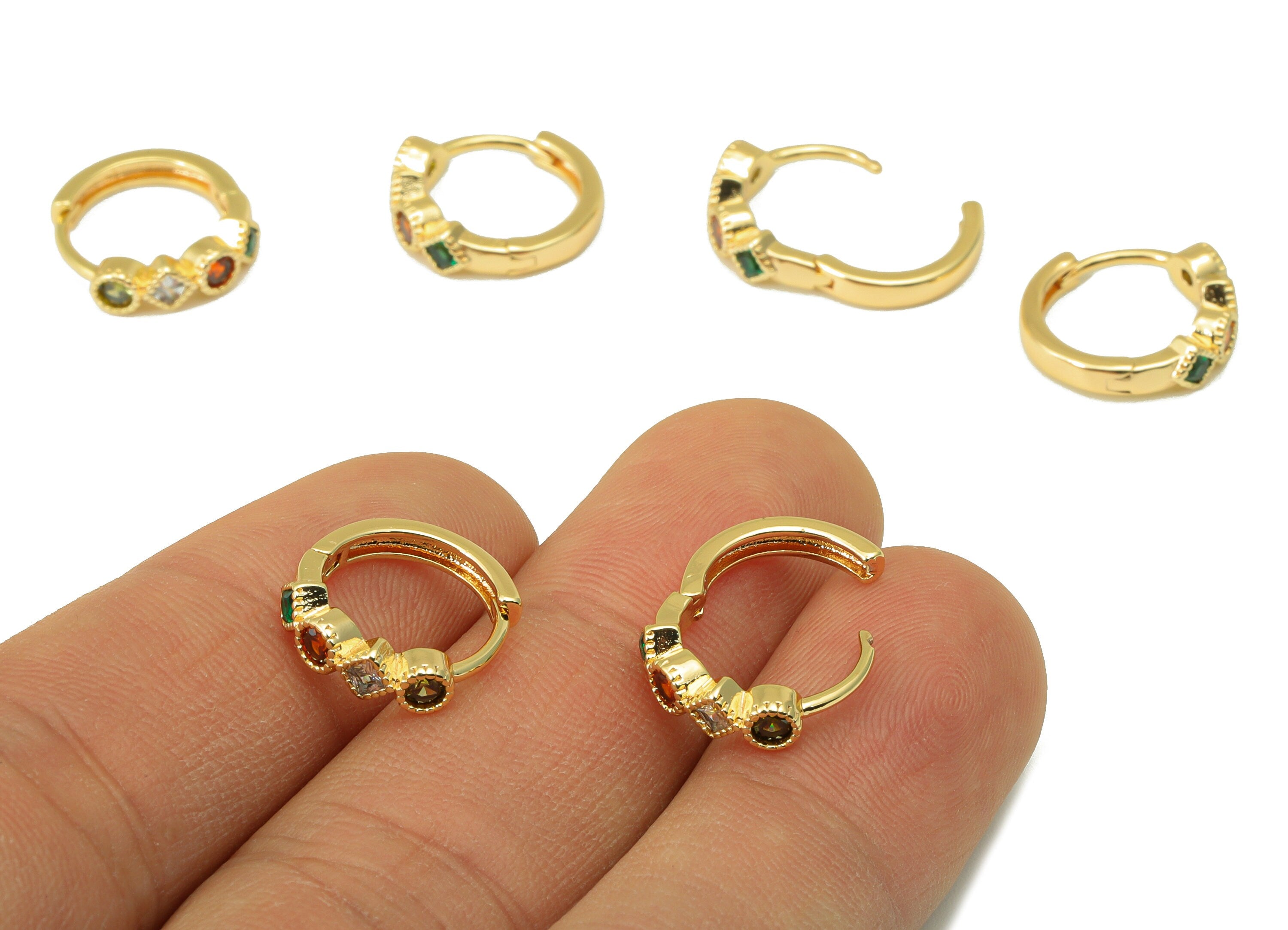 Brass Hoop Earring Clasp - Green Square Earring Clasp - Red Cubic Zirconia Huggie Clasp -Ring Clasp -18K Real Gold Plated-14x13x2mm -RGP6527 - DOMEDBAZAAR