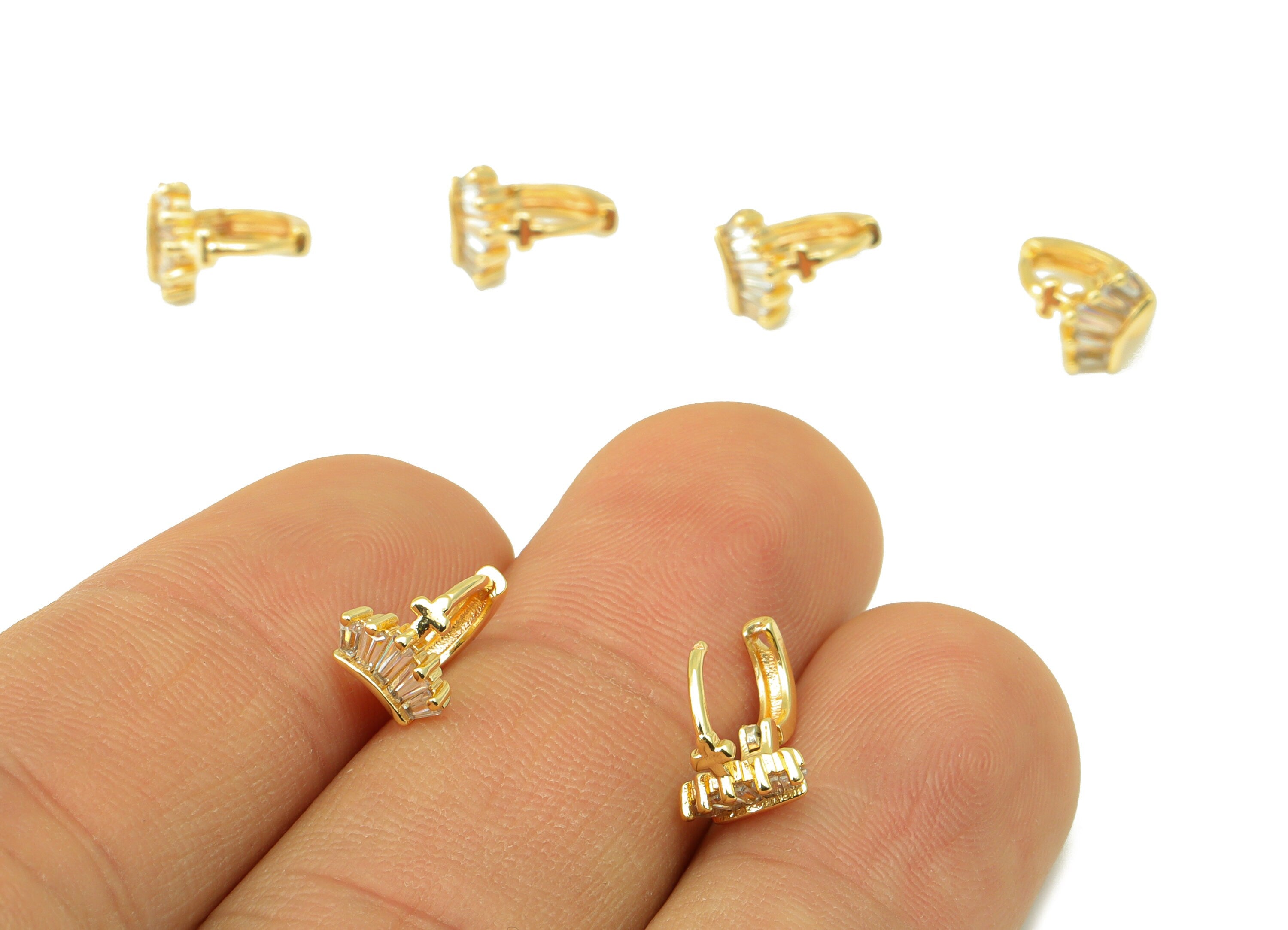 Brass Hoop Earring Clasp - Semi Earring Clasp - Crown Cubic Zirconia Huggie Clasp -Mini Hoop Clasp -18K Real Gold Plated- 9x8x2mm -RGP6551 - DOMEDBAZAAR