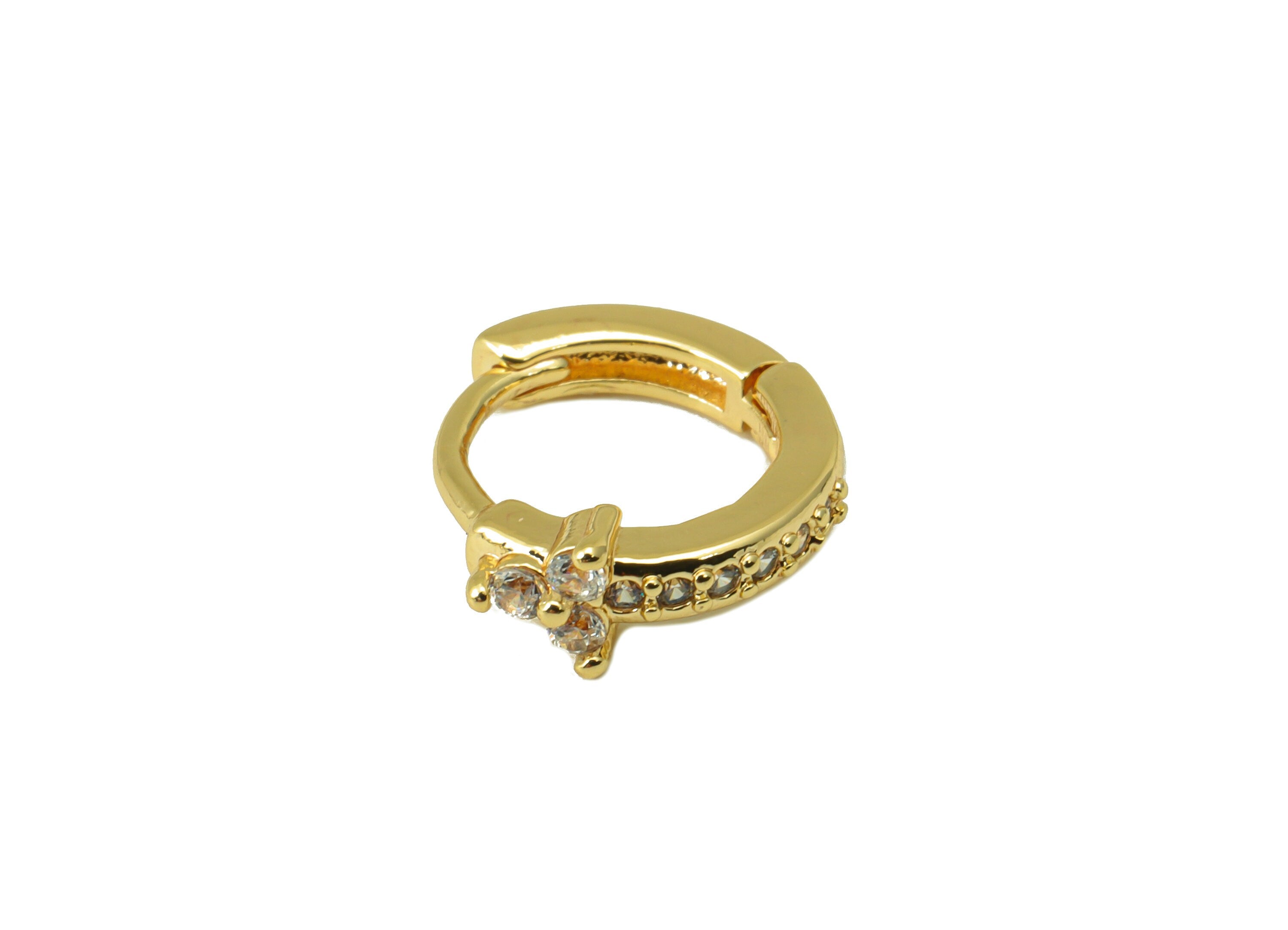 Brass Hoop Earring Clasp - Flower CZ Huggie Clasp - Round Cubic Zircon Hoop Clasp - Mini Ring Clasp -18K Real Gold Plated-12x10x3mm -RGP6548 - DOMEDBAZAAR