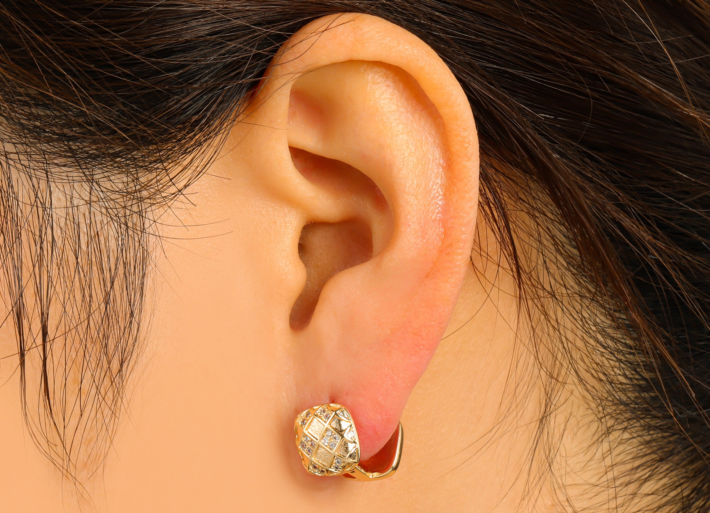 Brass Hoop Earring Clasp - Square Hoop Clasp - Cubic Zircon Huggie Hoop Clasp -CZ Huge Ring-18K Real Gold Plated - 12.66x9.9x2.2mm - RGP6564 - DOMEDBAZAAR