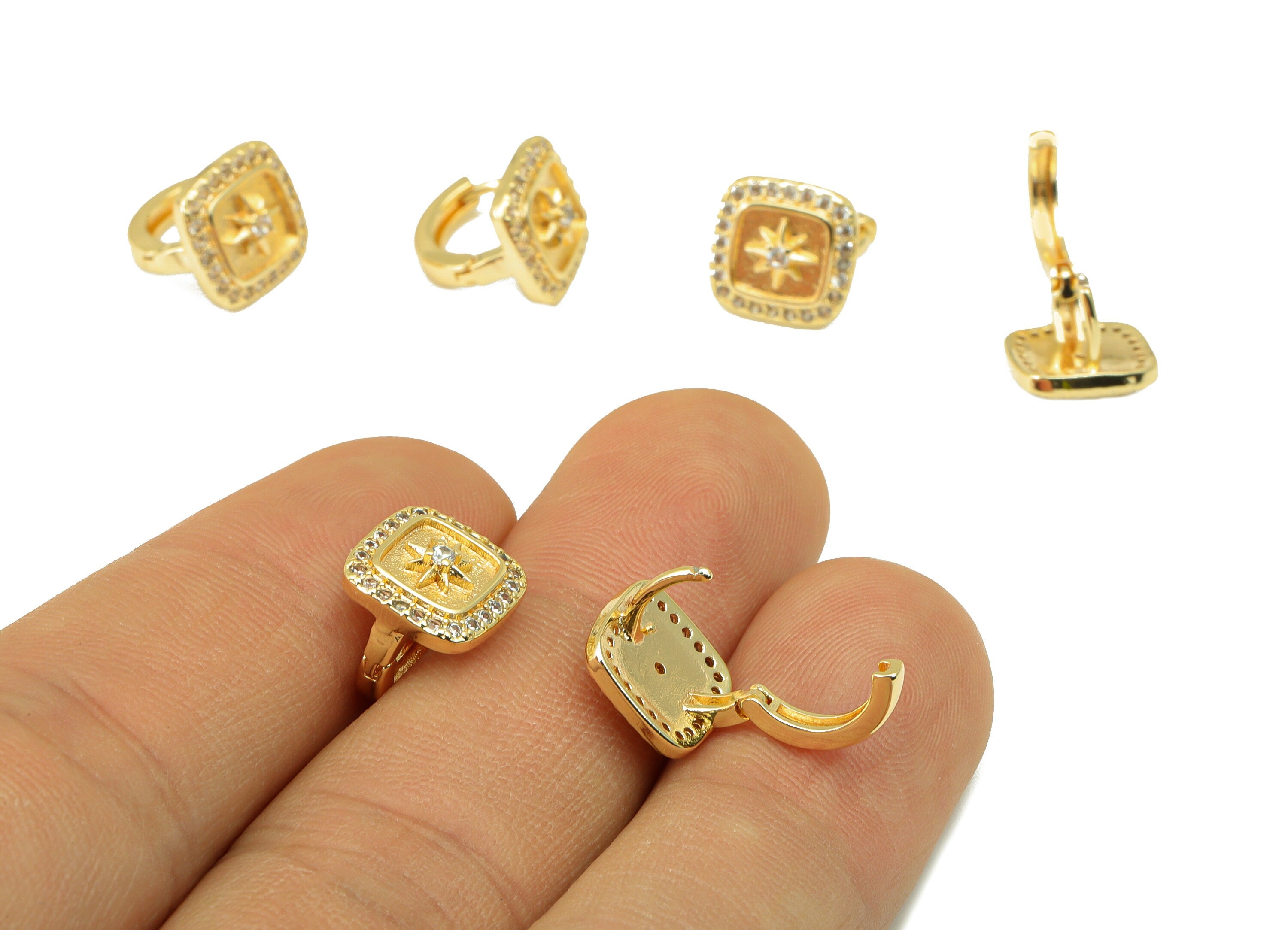 Brass Hoop Earring Clasp - Textured Square Clasp - Cubic Zircon Huggie Star - CZ Ring - 18K Real Gold Plated - 11.8x10.56x2.97mm - RGP6562 - DOMEDBAZAAR