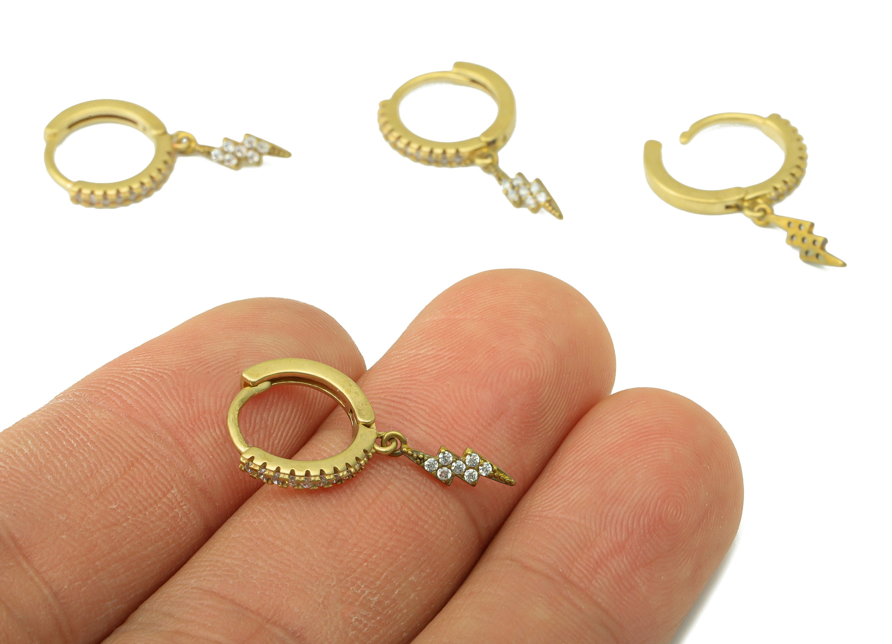 Brass Lighting Flash Hoop Clasp - Raw Brass Huggie Hoop Clasp - Cubic Zircon Earring Clasp -Jewelry Supplies -23.1x12.72x1.84mm - PP8476 - DOMEDBAZAAR