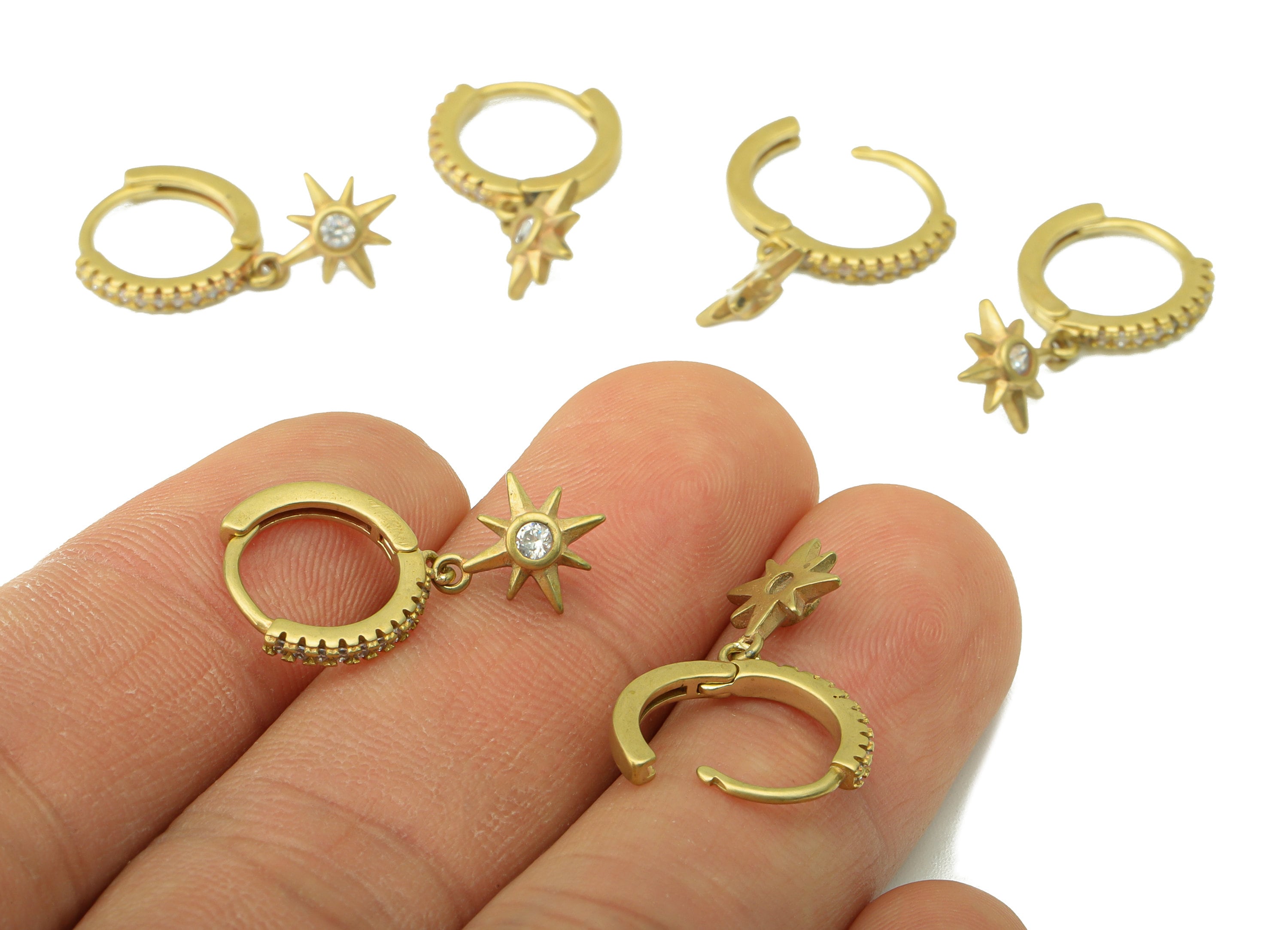 Brass North Star Earring Clasp - Raw Brass Sun Huggie Hoop Earring - Cubic Zircon Earring Clasp -Jewelry Supplies - 23x13x1.85mm - PP8478 - DOMEDBAZAAR
