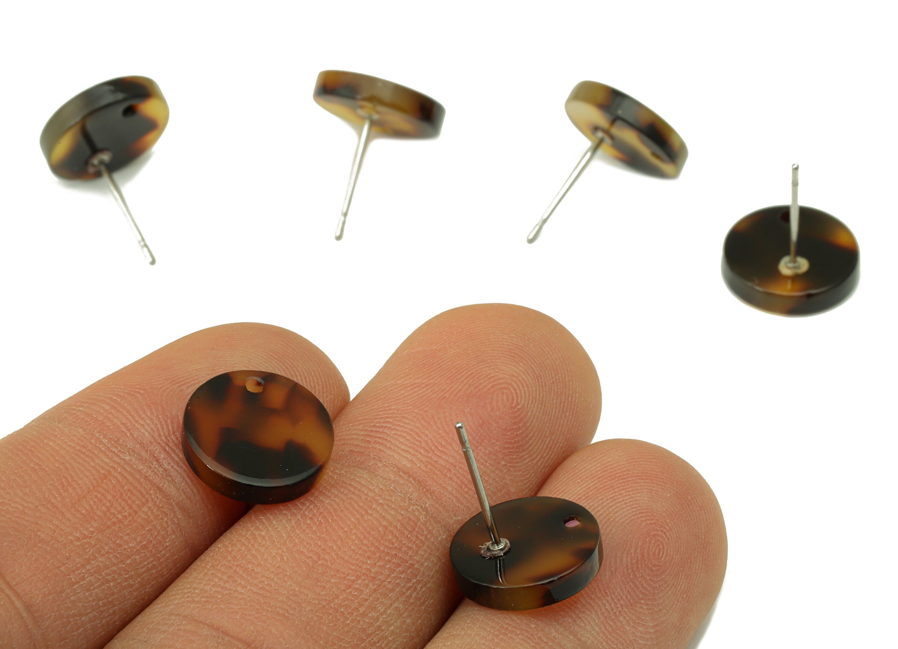 Acrylic Round Earring Stud - Acrylic Circle Earring Post - Tortoise Shell - Stainless Steel - Color Code: A894 - 11x11x2mm - AC1139-A894 - DOMEDBAZAAR
