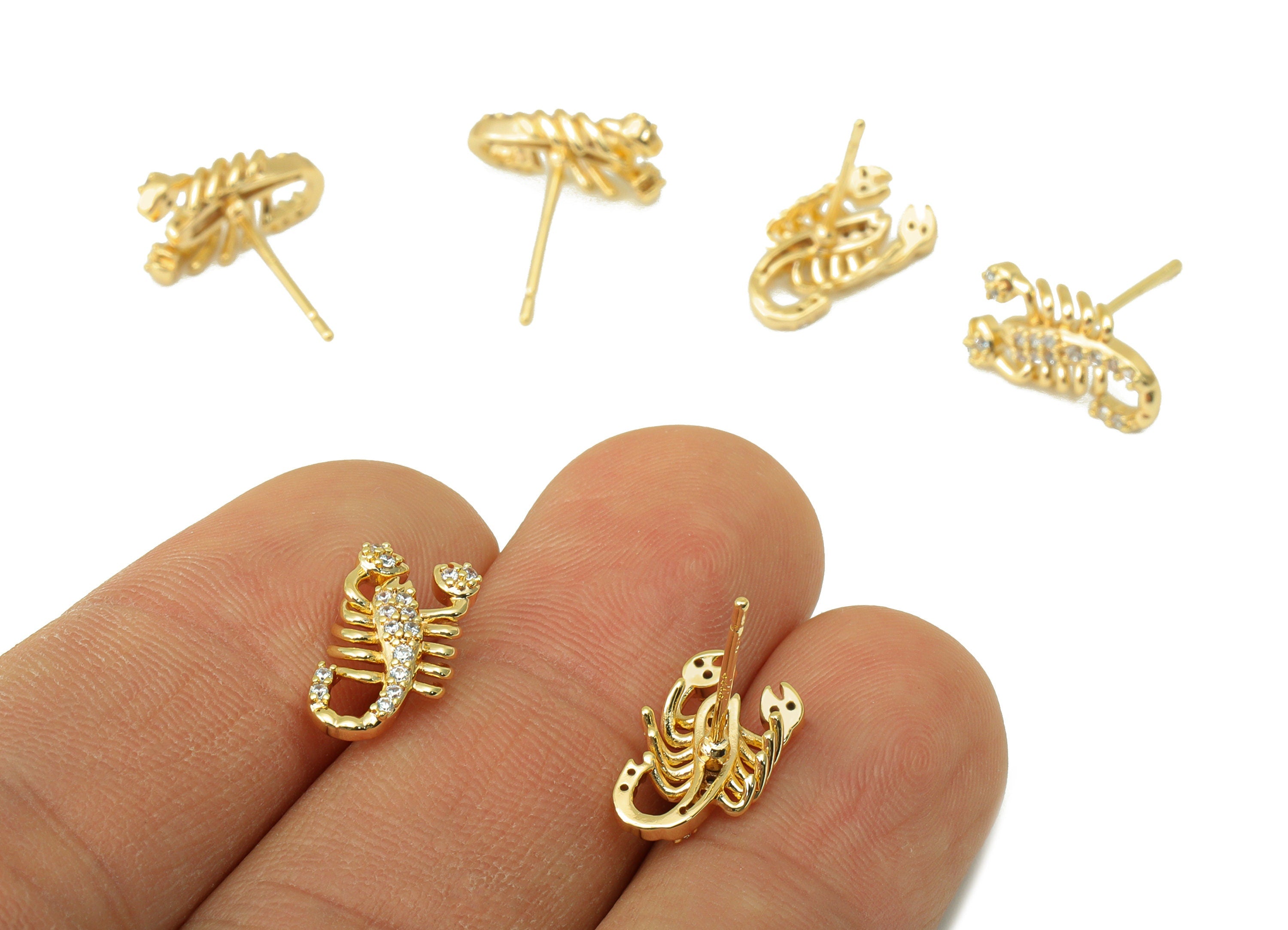 Brass Scorpion Earring Stud - Brass Cubic Zirconia Earring Post -CZ Post - Animal Stud Earring -18K Real Gold Plated - 13x7x3.19mm- RGP6375 - DOMEDBAZAAR
