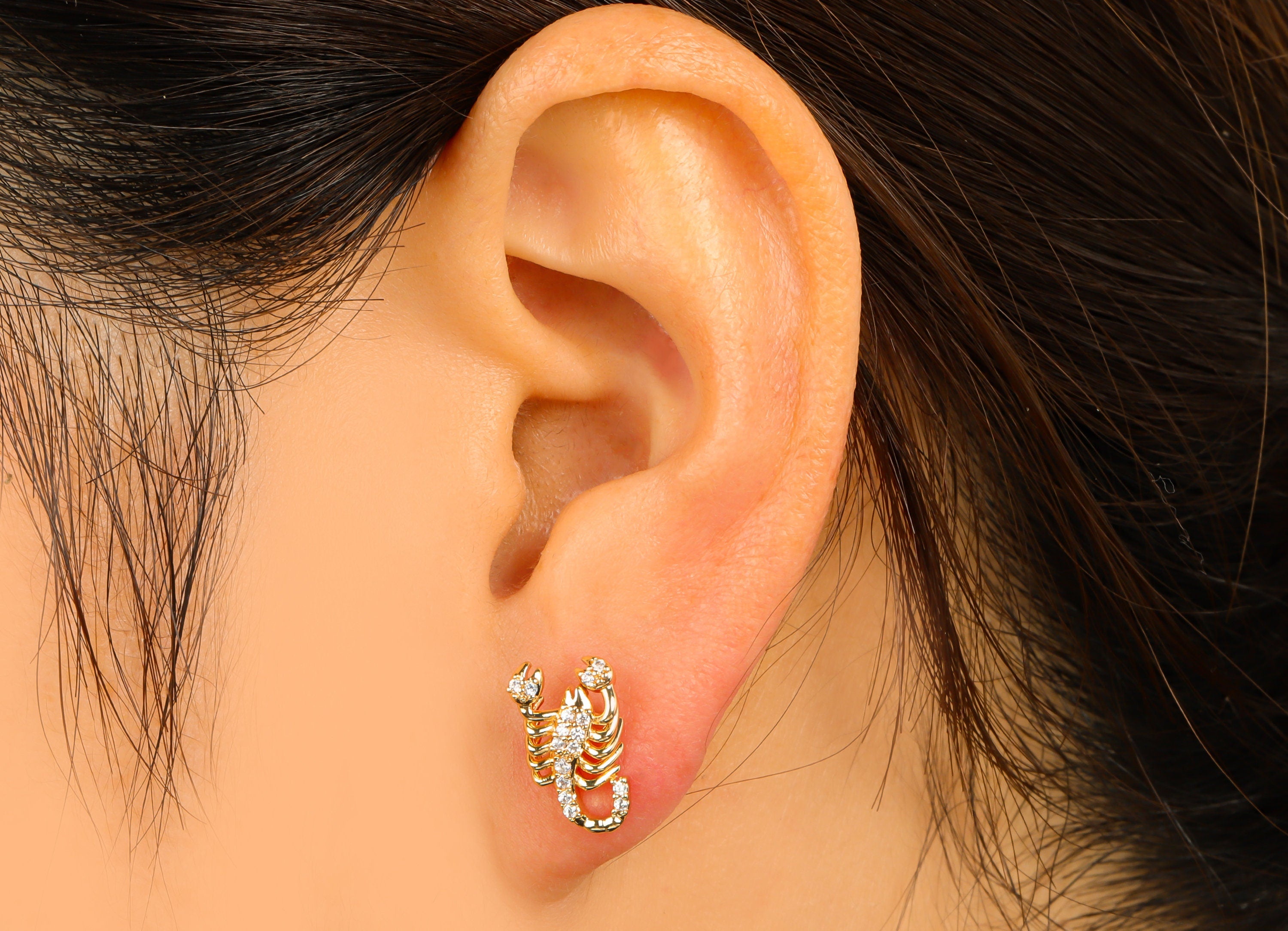 Brass Scorpion Earring Stud - Brass Cubic Zirconia Earring Post -CZ Post - Animal Stud Earring -18K Real Gold Plated - 13x7x3.19mm- RGP6375 - DOMEDBAZAAR
