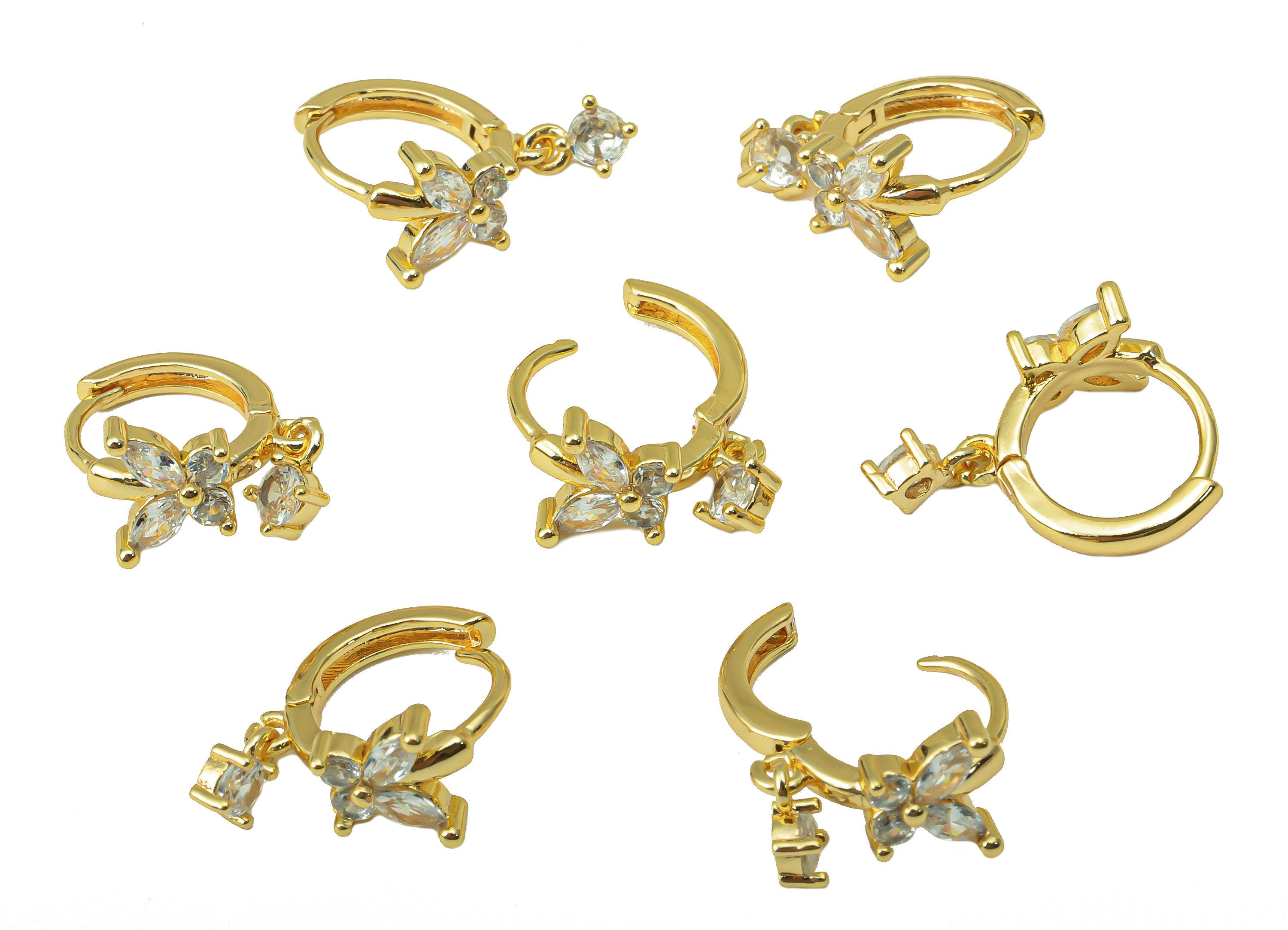 Brass Butterfly Earring Clasp - Brass CZ Huggie Hoop Clasp - Cubic Zirconia Butterfly Bow Hoop Clasp -18K Real Gold Plated-18x12x3mm-RGP6382 - DOMEDBAZAAR