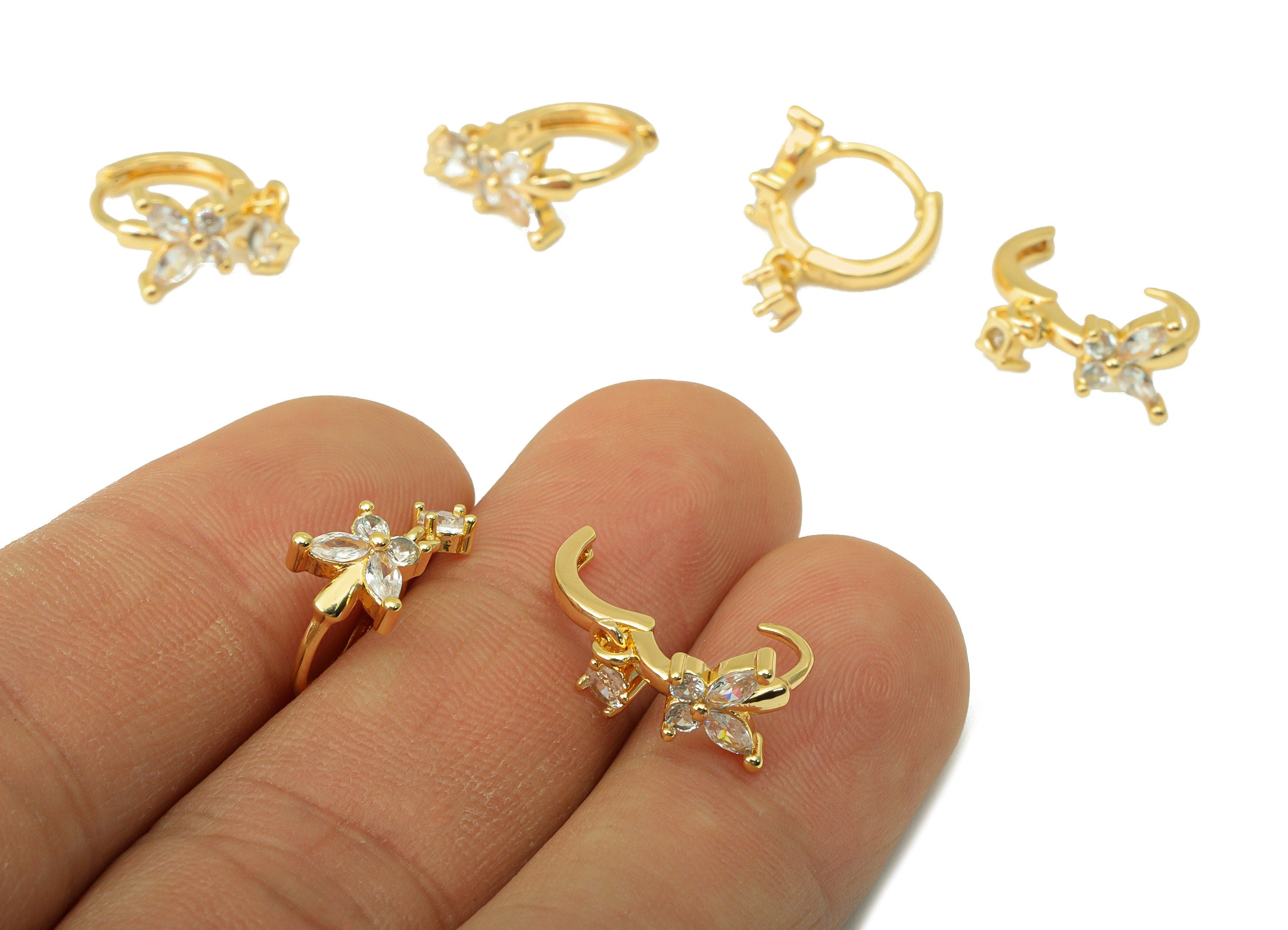 Brass Butterfly Earring Clasp - Brass CZ Huggie Hoop Clasp - Cubic Zirconia Butterfly Bow Hoop Clasp -18K Real Gold Plated-18x12x3mm-RGP6382 - DOMEDBAZAAR