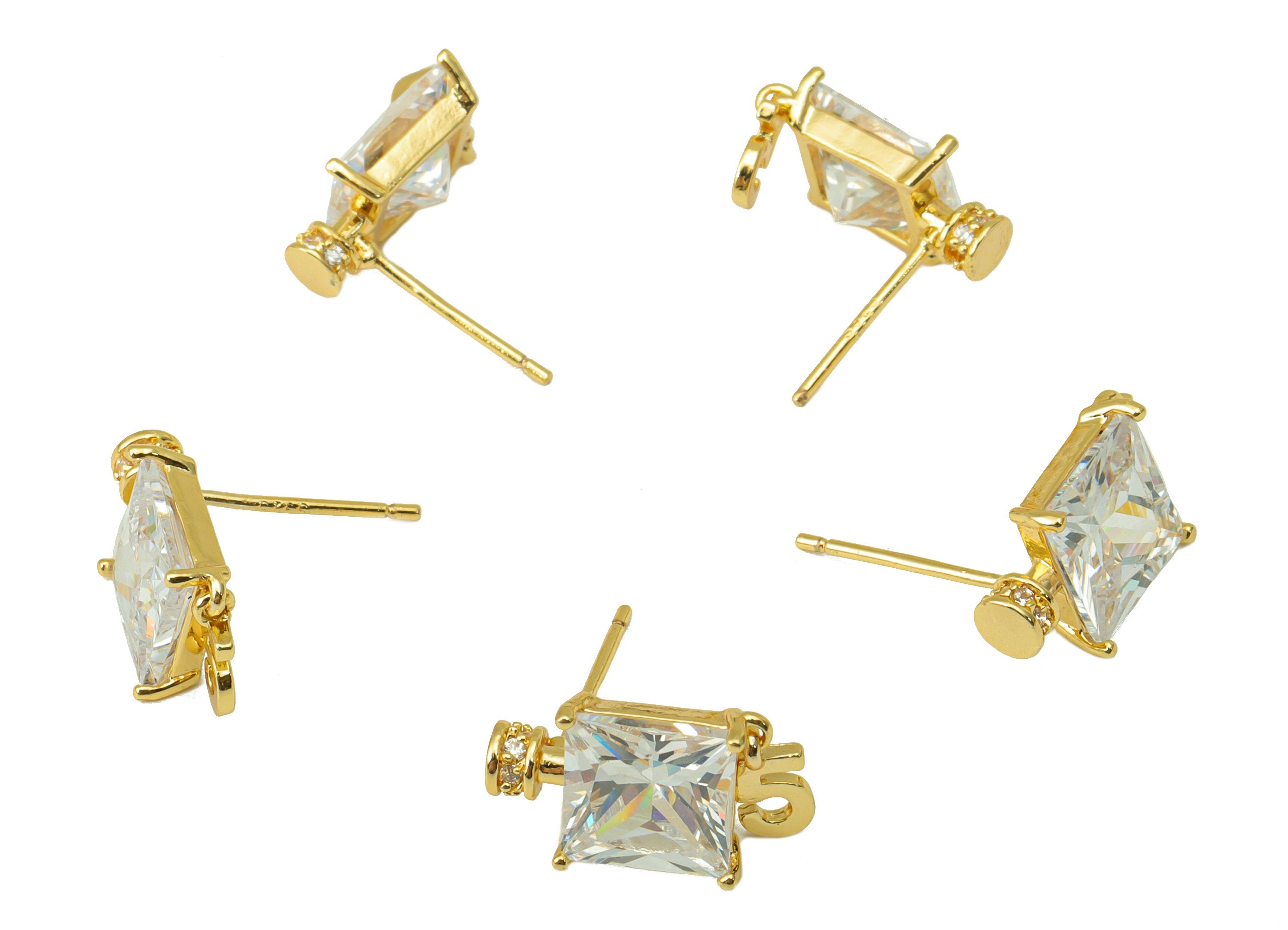 Brass 5 Earring Stud - Brass Cubic Zirconia Earring Post - Princess Post - Perfume Bottle Stud -18K Real Gold Plated - 10x9x3mm- RGP6415 - DOMEDBAZAAR