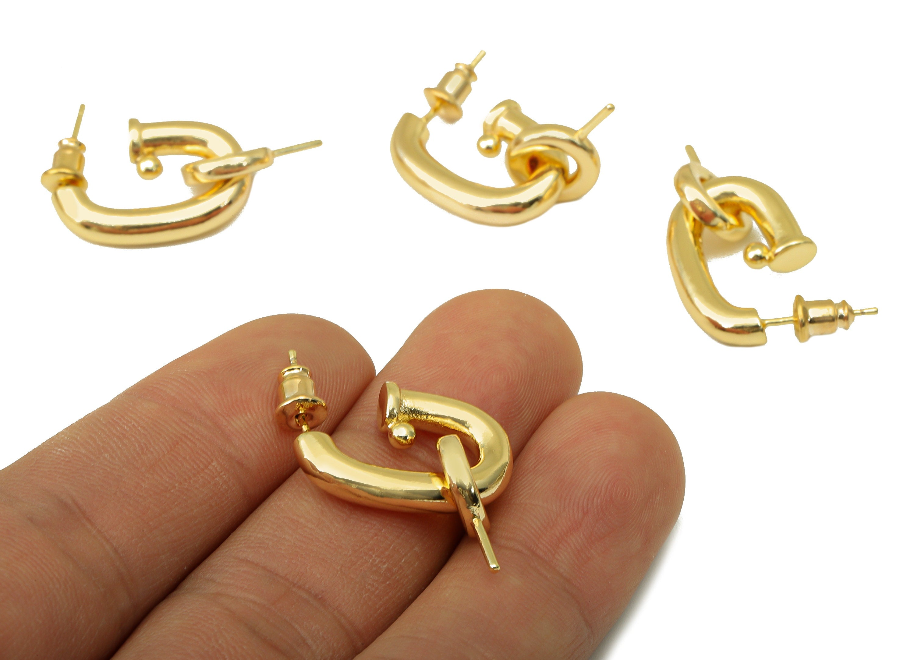 Brass Notch Ellipse Stud - Gold Waterpipe Earring for Pearl - Circle Post -Open Hoop Stud for Bead -18K Real Gold Plated -24x16x4mm- RGP6413 - DOMEDBAZAAR