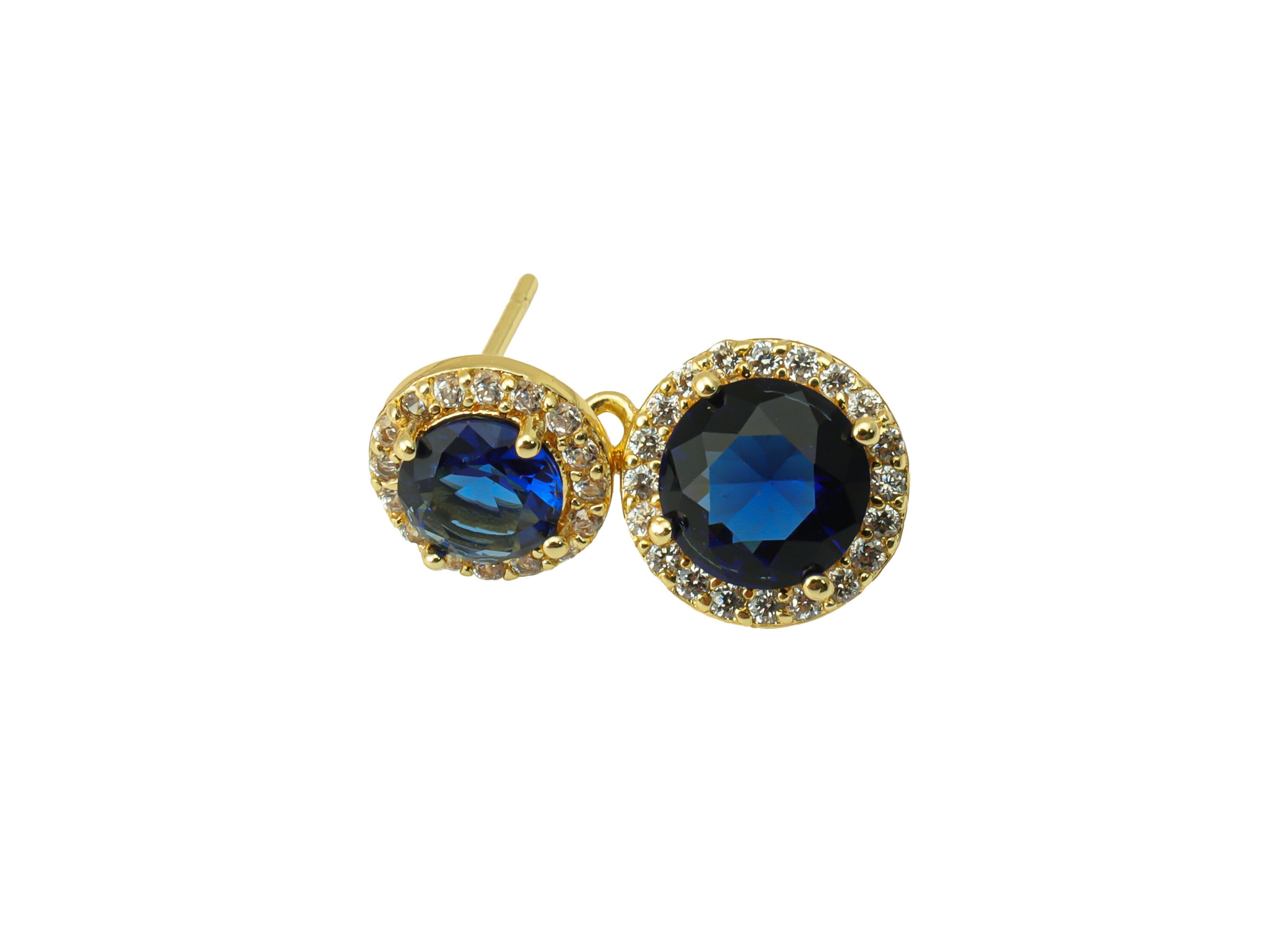 Brass Blue Earring Stud - Brass Round Earring Post - Double Earring Post -Cubic Zirconia Stud -18K Real Gold Plated - 18.17x10x5mm- RGP6408 - DOMEDBAZAAR