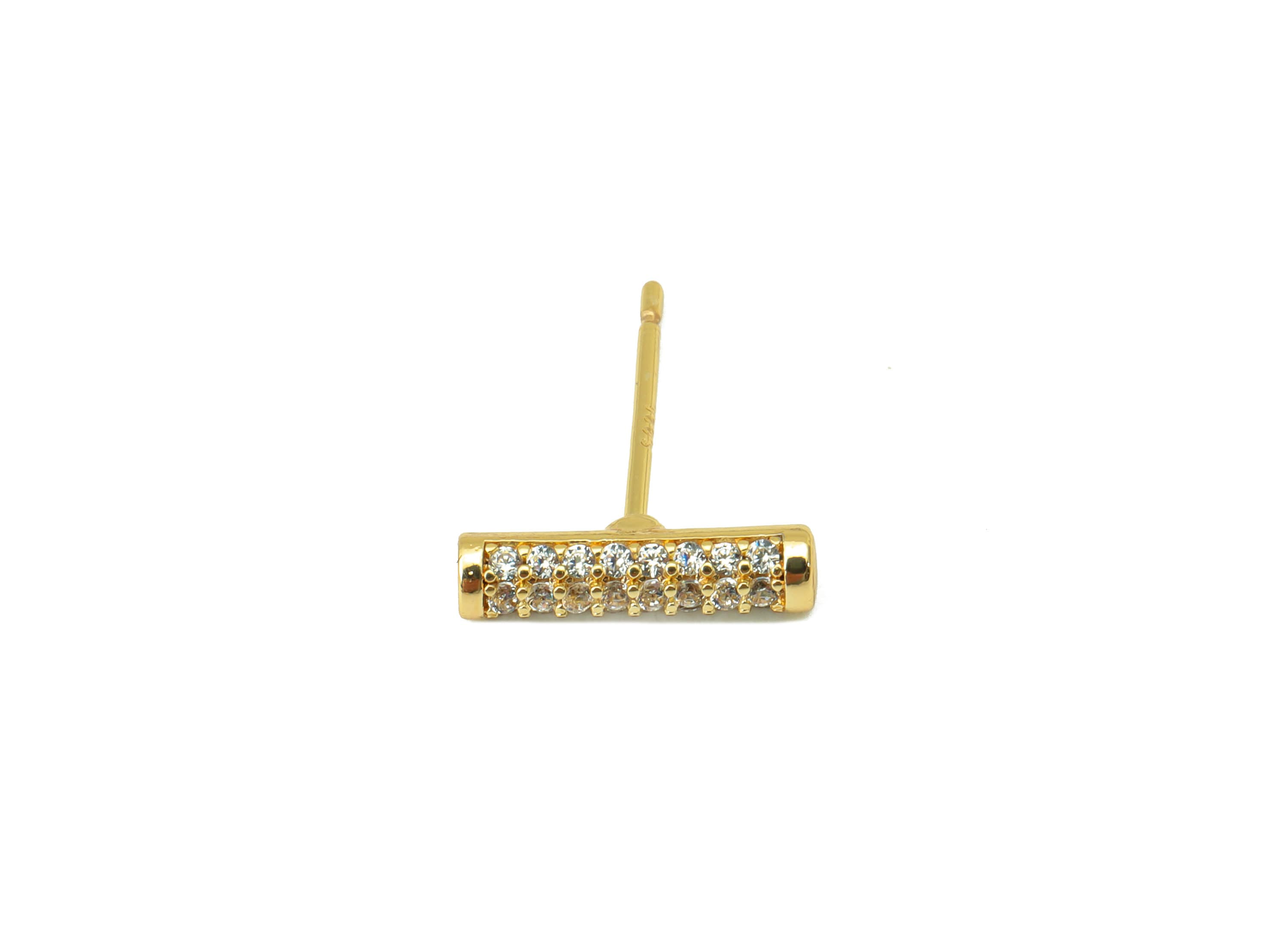 Brass Bar Earring Stud - Brass Cylinder Earring Post - Geometry Earring Post -Cubic Zirconia Stud -18K Real Gold Plated - 12x3x2mm- RGP6407 - DOMEDBAZAAR