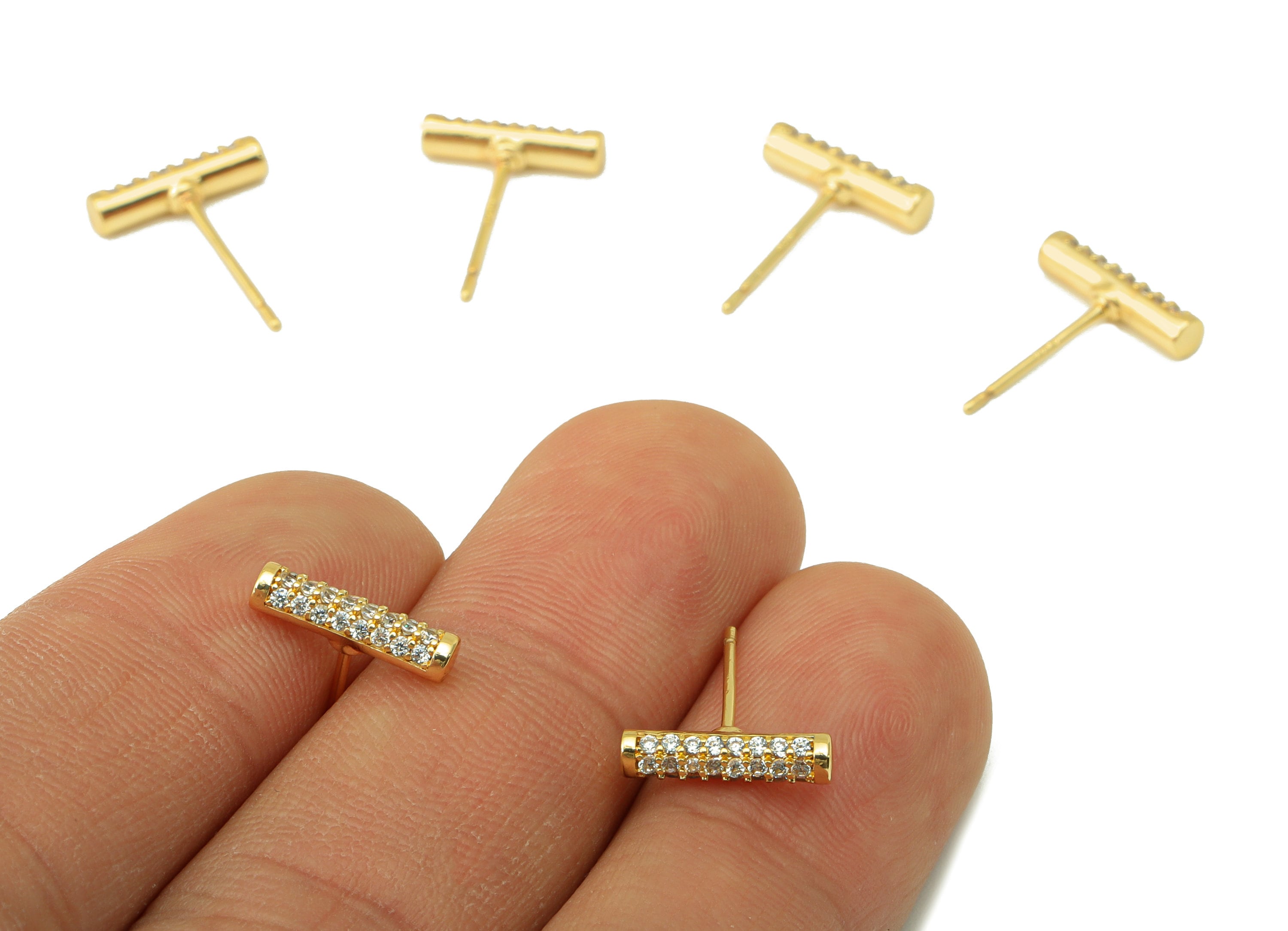 Brass Bar Earring Stud - Brass Cylinder Earring Post - Geometry Earring Post -Cubic Zirconia Stud -18K Real Gold Plated - 12x3x2mm- RGP6407 - DOMEDBAZAAR