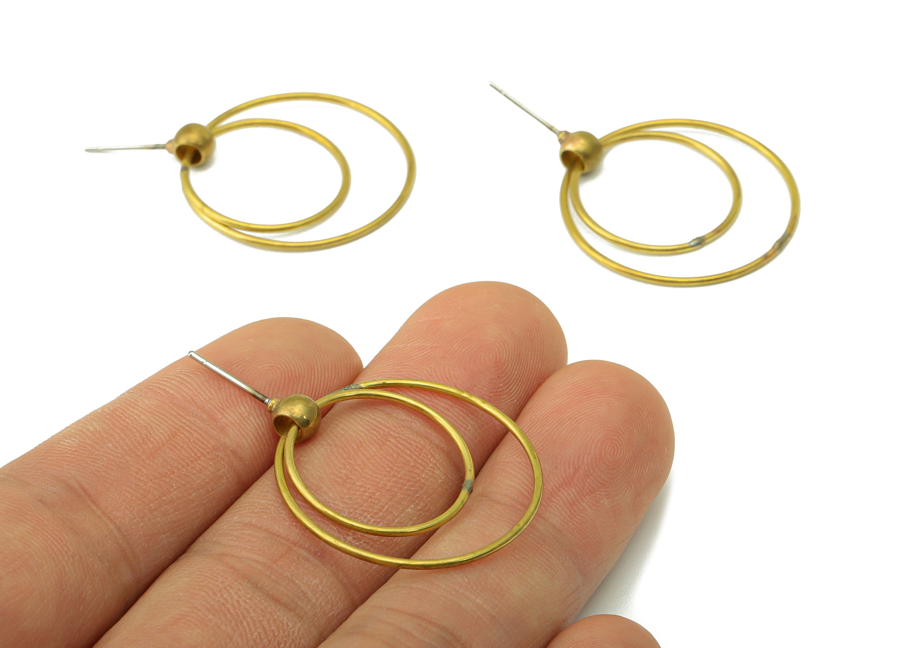 Hoop Ball Stud Earring - Raw Brass Earring Post - Double Ring Earring Post - Rings Ball Stud Earring - Jewelry Supplies - 27x26x1mm - PP8420 - DOMEDBAZAAR