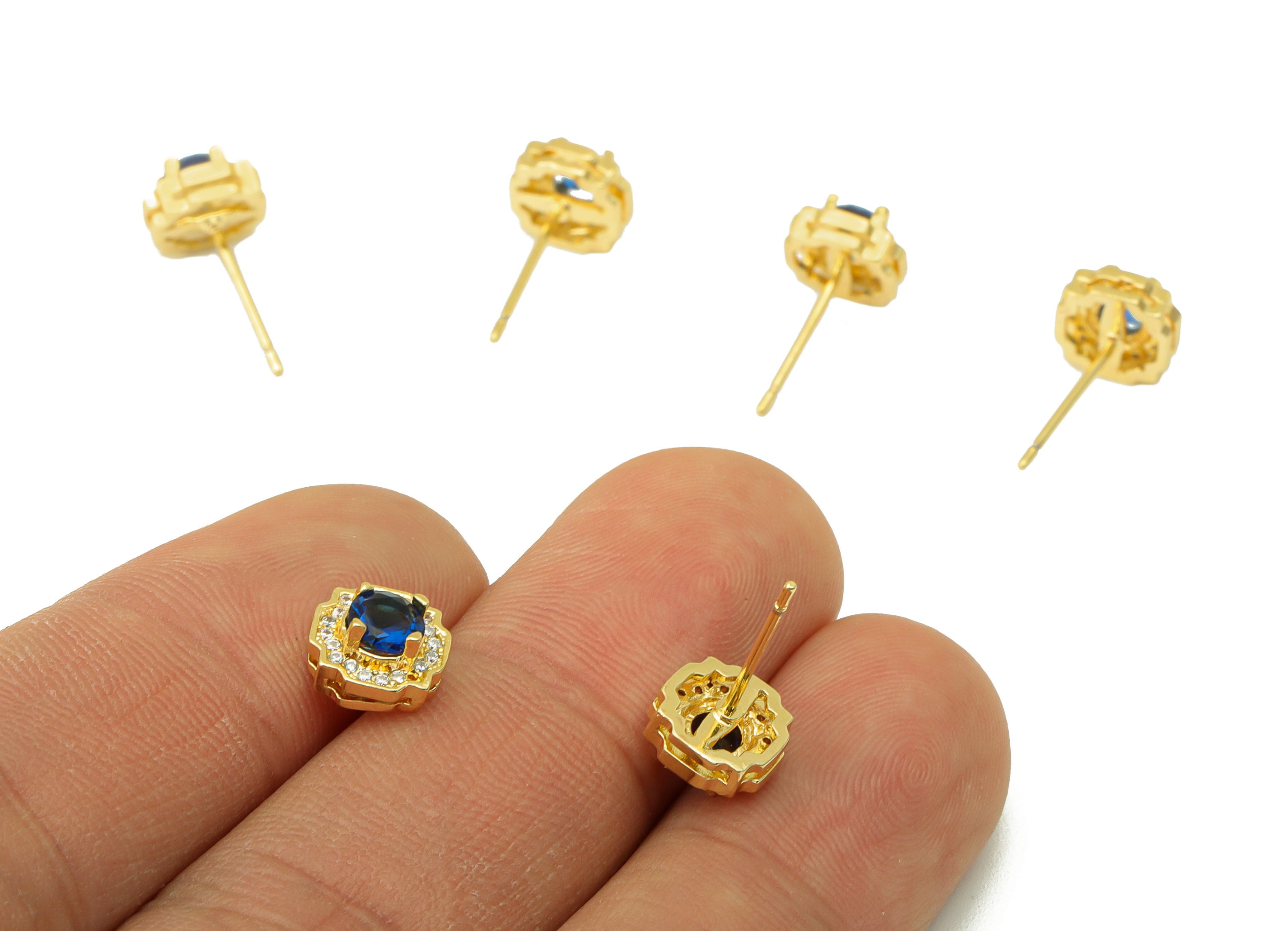 Brass Blue Earring Stud - Brass Round Earring Post - Circle Earring Post -Cubic Zirconia Stud -18K Real Gold Plated - 8x8x5.01mm- RGP6442 - DOMEDBAZAAR