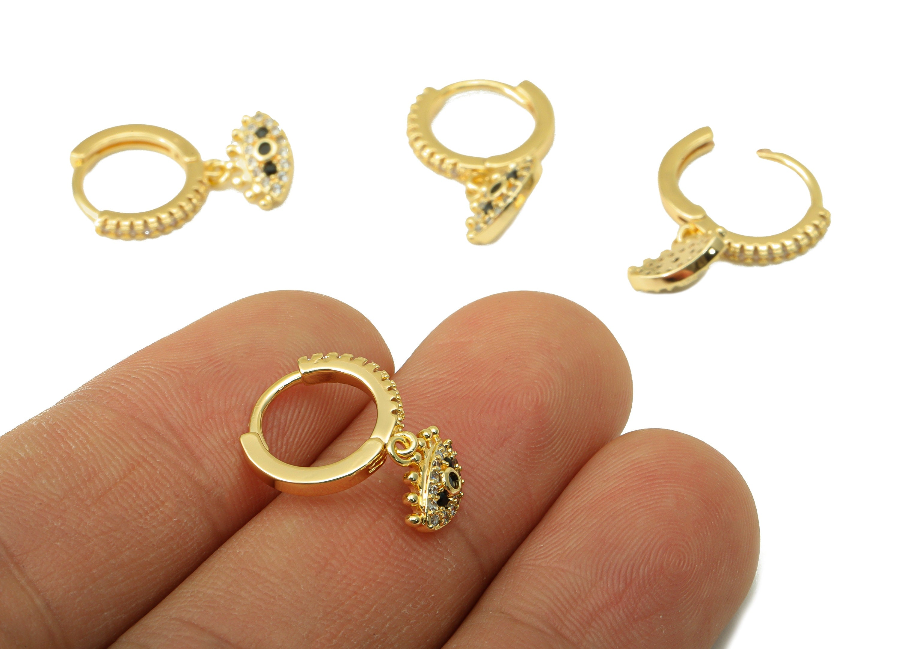 Brass Eye Clasp - Brass CZ Huggie Hoop Clasp - Cubic Zirconia Eyelash Hoop Clasp - 18K Real Gold Plated - 20.32x12.91x1.9mm- RGP6458 - DOMEDBAZAAR