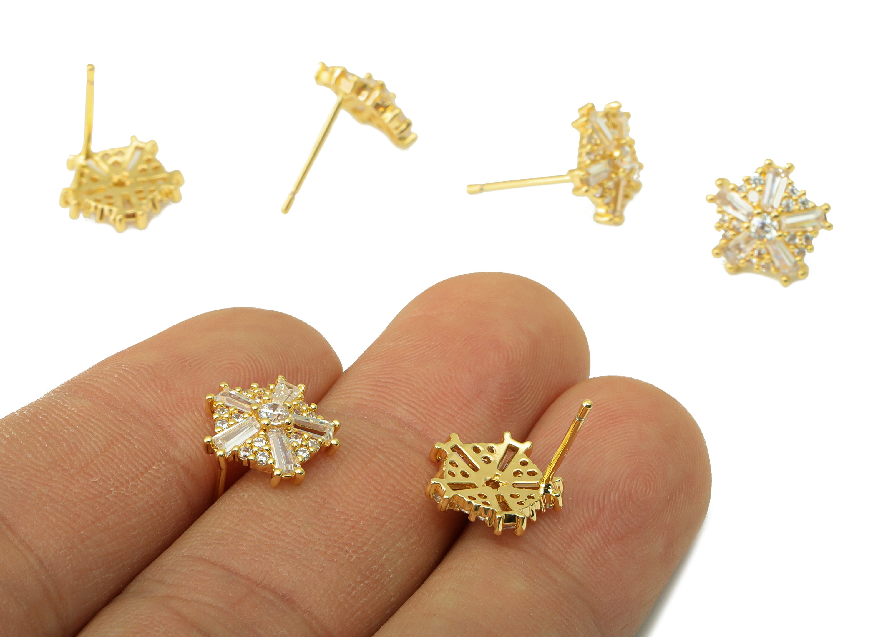 Brass Flower Earring Stud - Pentagon Ladder Earring Post - Dot Earring Post -Cubic Zirconia Stud -18K Real Gold Plated - 12x12x3mm- RGP6443 - DOMEDBAZAAR