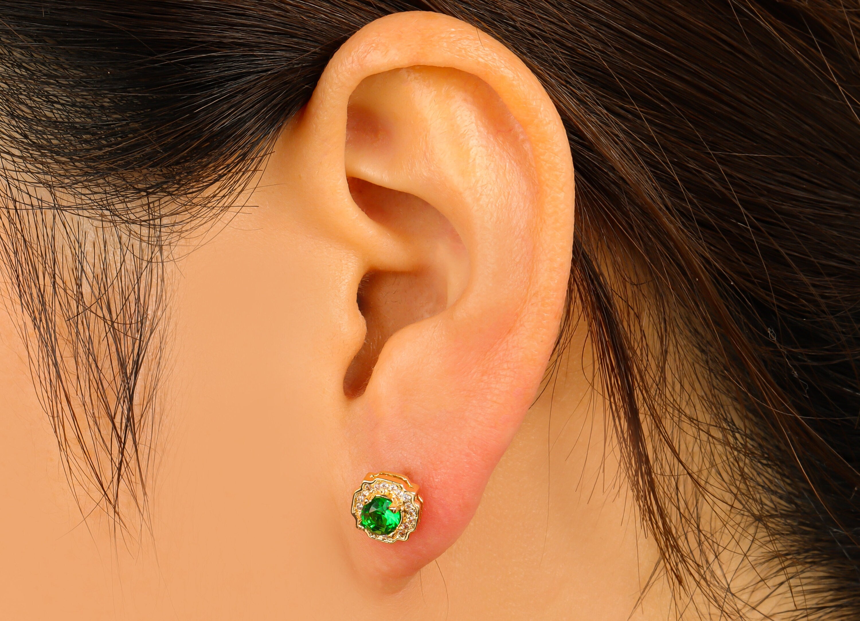 Brass Green Earring Stud - Brass Round Earring Post - Circle Earring Post -Cubic Zirconia Stud -18K Real Gold Plated - 8x8x5.01mm- RGP6447 - DOMEDBAZAAR