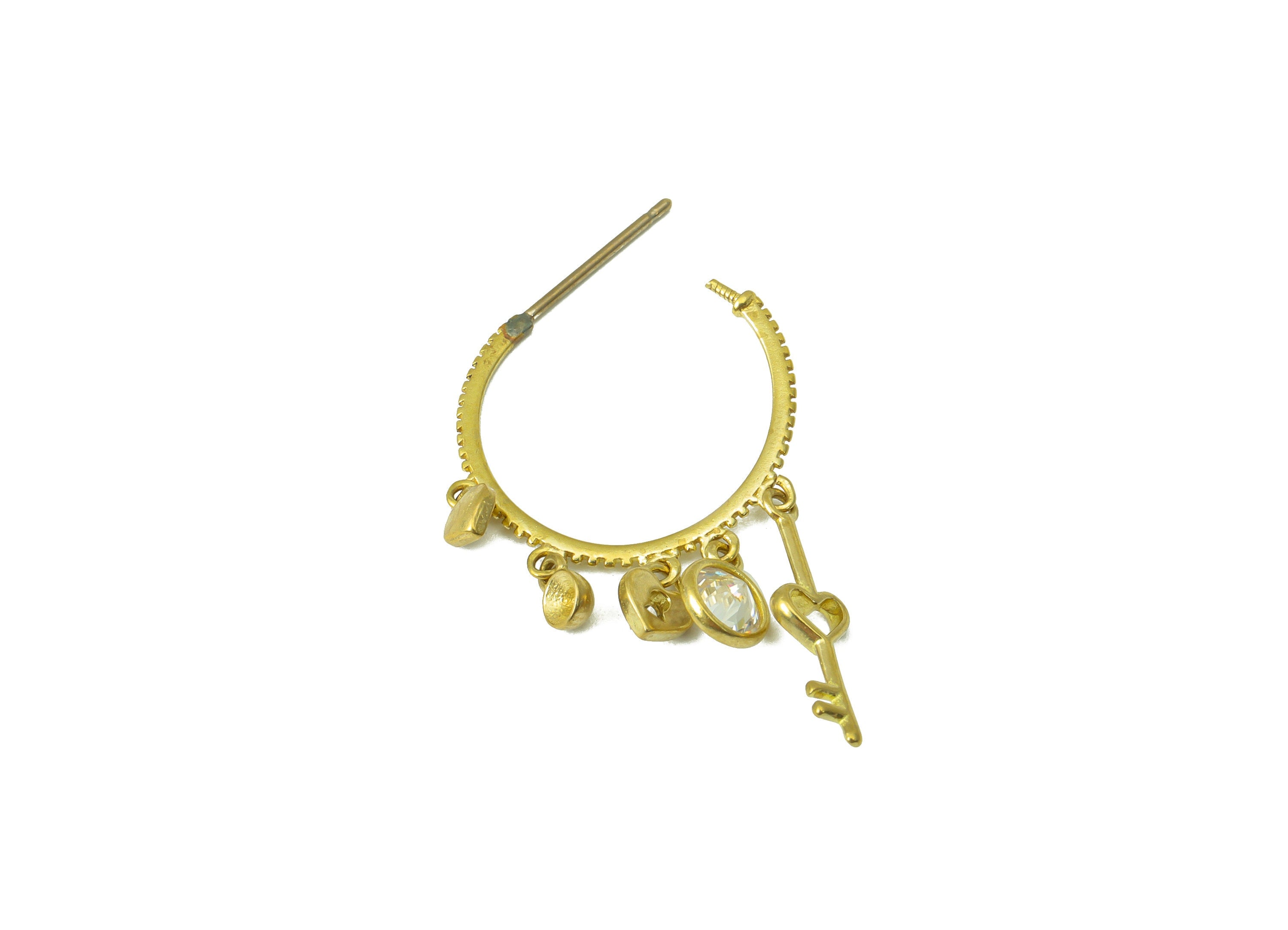 Brass Open Earring Hoop - Raw Brass Dangle Hoop Earring - CZ Heart Padlock Key Earring Hoop - Jewelry Supplies - 36.4x26.52x0.72mm-PP8425 - DOMEDBAZAAR