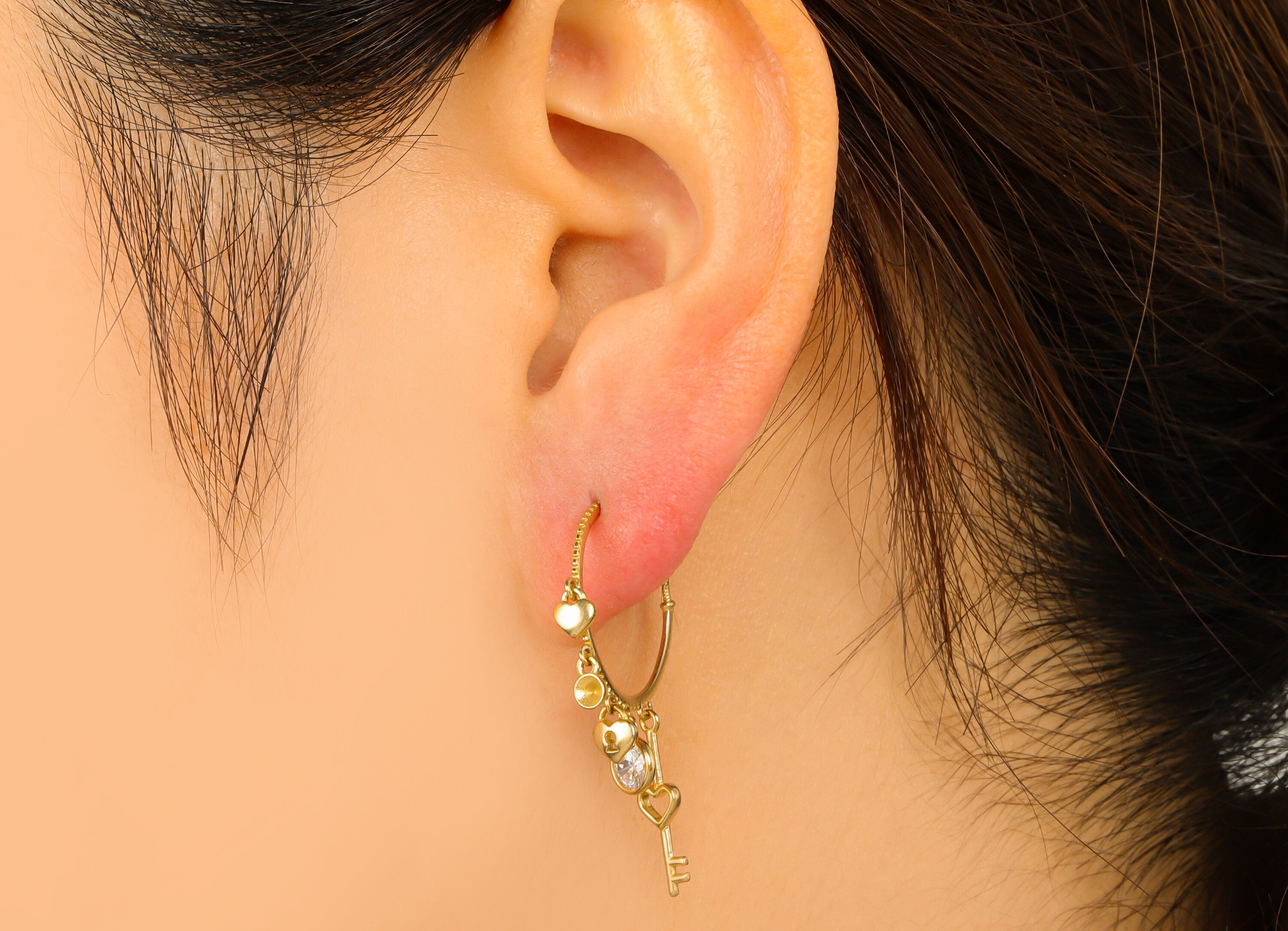 Brass Open Earring Hoop - Raw Brass Dangle Hoop Earring - CZ Heart Padlock Key Earring Hoop - Jewelry Supplies - 36.4x26.52x0.72mm-PP8425 - DOMEDBAZAAR