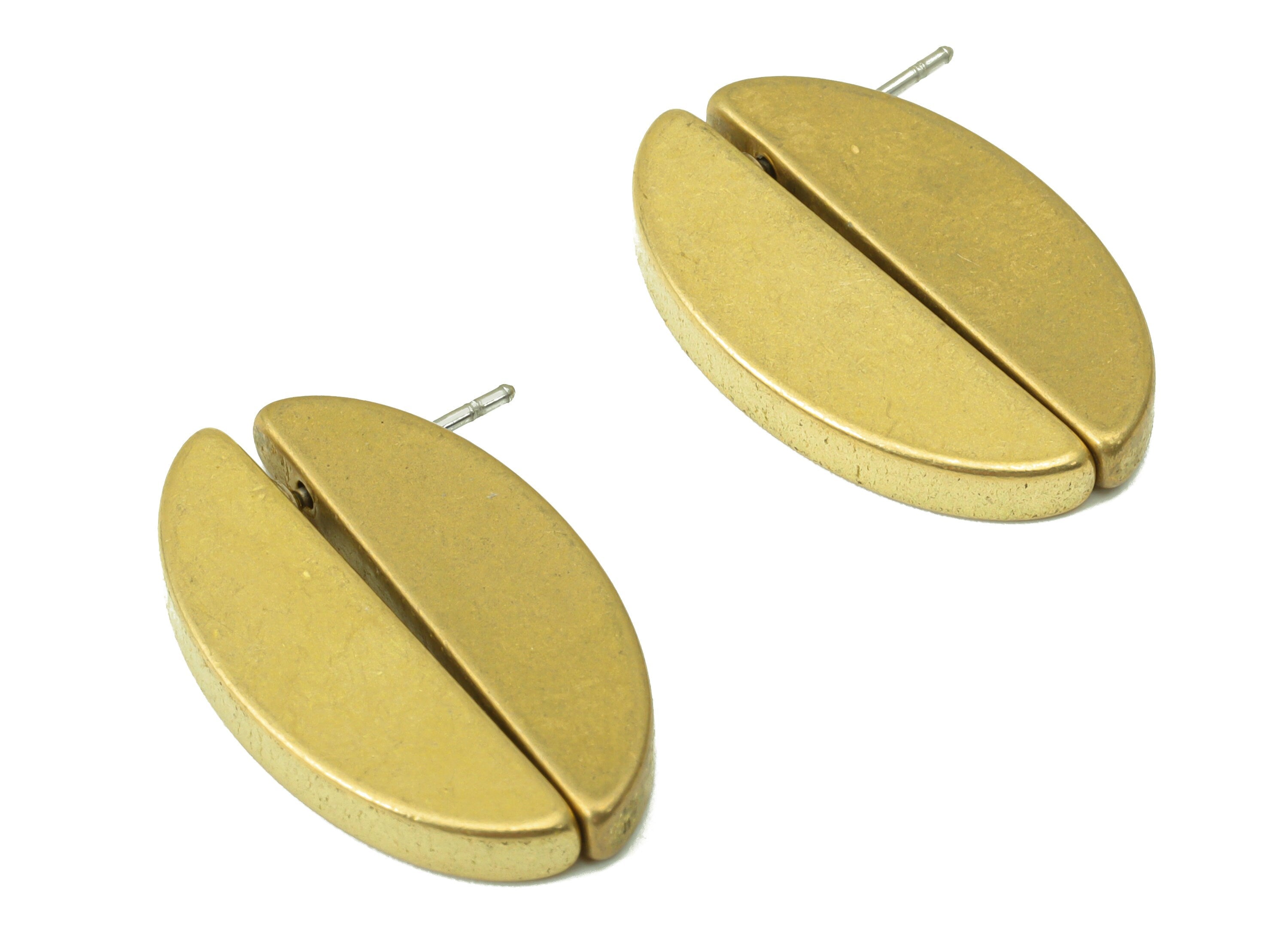 Brass Coffee Bean Earring - Raw Brass Oval Stud - A Spliced Ellipse Earring -Half Round Stud - Jewelry Supplies - 25.23x17.76x3.12mm-PP8430 - DOMEDBAZAAR