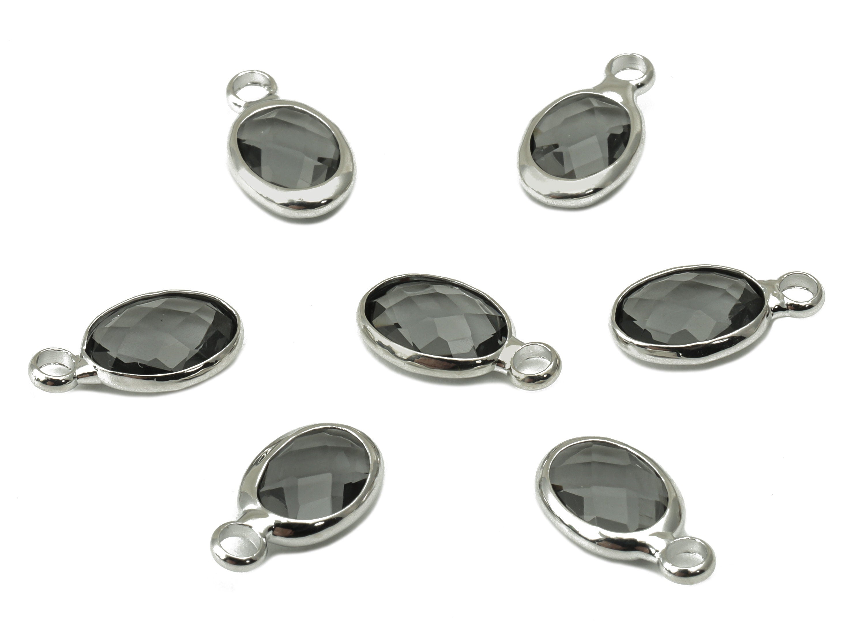 Faceted Glass Ellipse Earring Charms - Brass Gray Oval Pendant - Silver Tone Plated Brass With Loop - Faceted Glass - 12x7x3.5mm - GS1068S - DOMEDBAZAAR