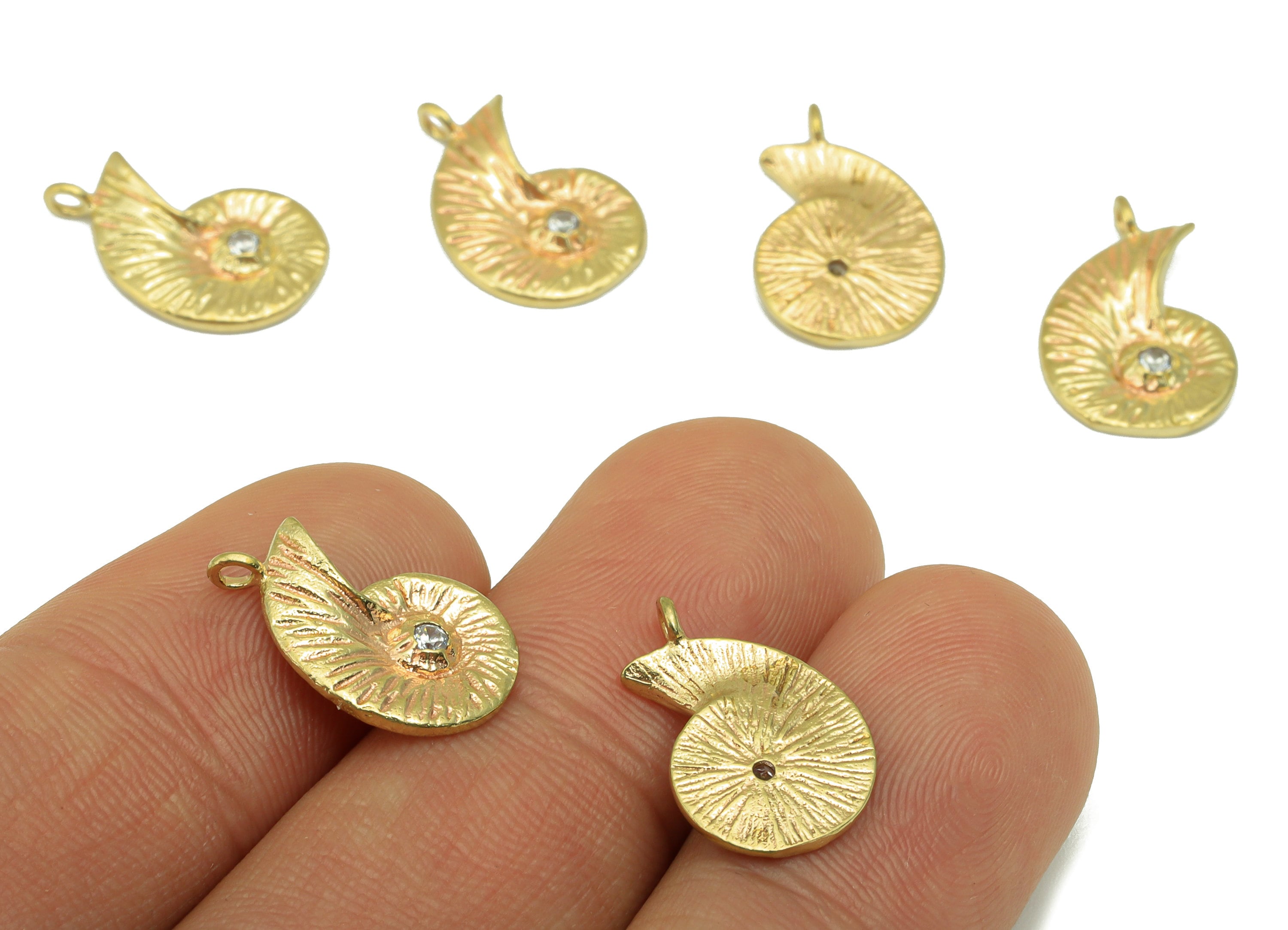 Brass Cochlea Earring - Raw Brass Cubic Zirconia Snail Earring Charm - CZ Textured Pendant - For Necklace - 16.91x10.88x2.11mm- RGP8491 - DOMEDBAZAAR