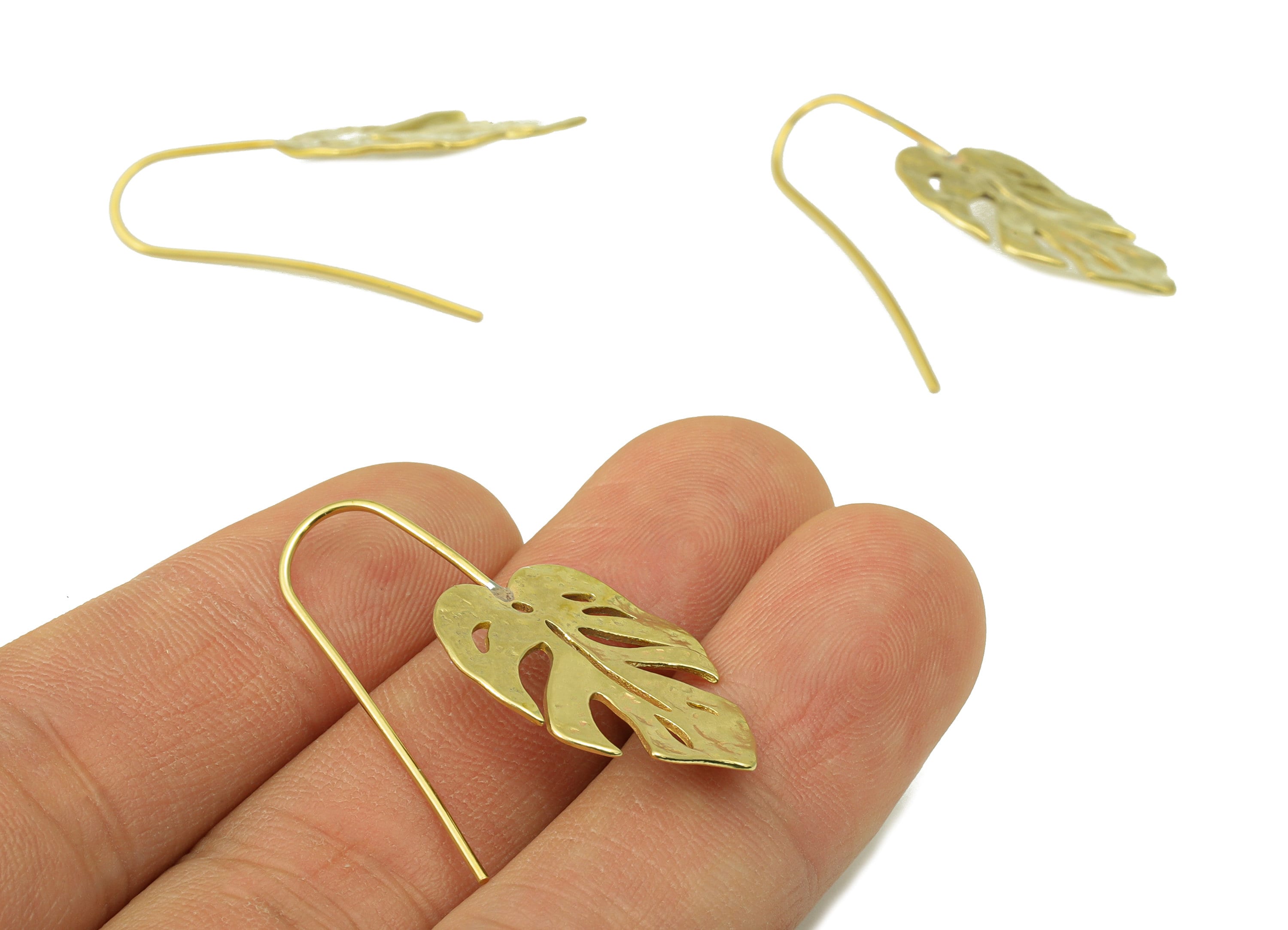 Raw Brass Monstera Ear Wires Earring - Brass Leaf Hook Earring -Textured Botanical Earring Hook - Ear Earring Wire -36.8x19.78x1mm- PP8573 - DOMEDBAZAAR