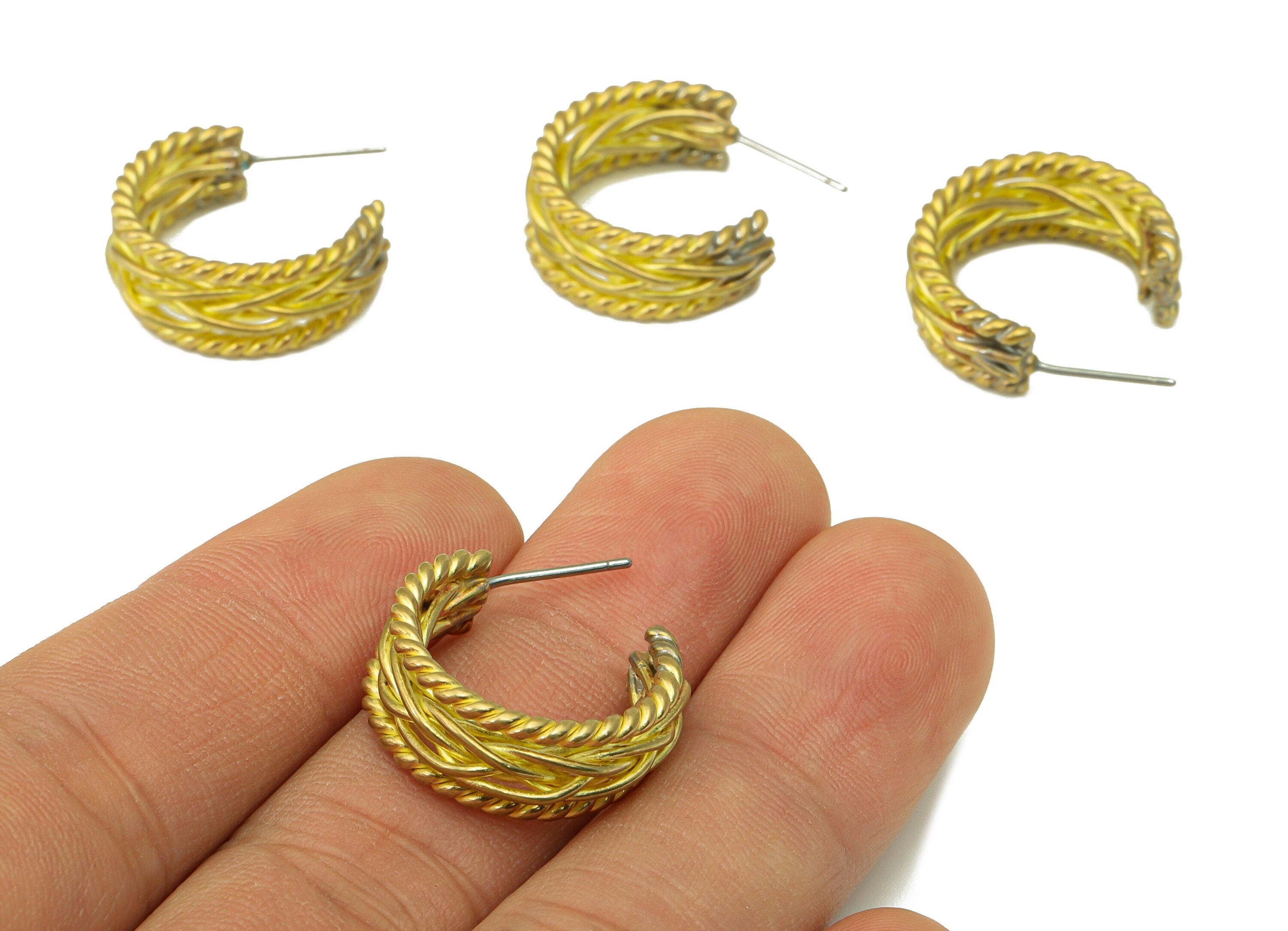 Brass Open Hoop Earring Stud - Brass Chain Hoop Earring Post - Thick Weave Wires Earring Post -Earring Post - 24.71x20.56x2.96mm- PP8549 - DOMEDBAZAAR