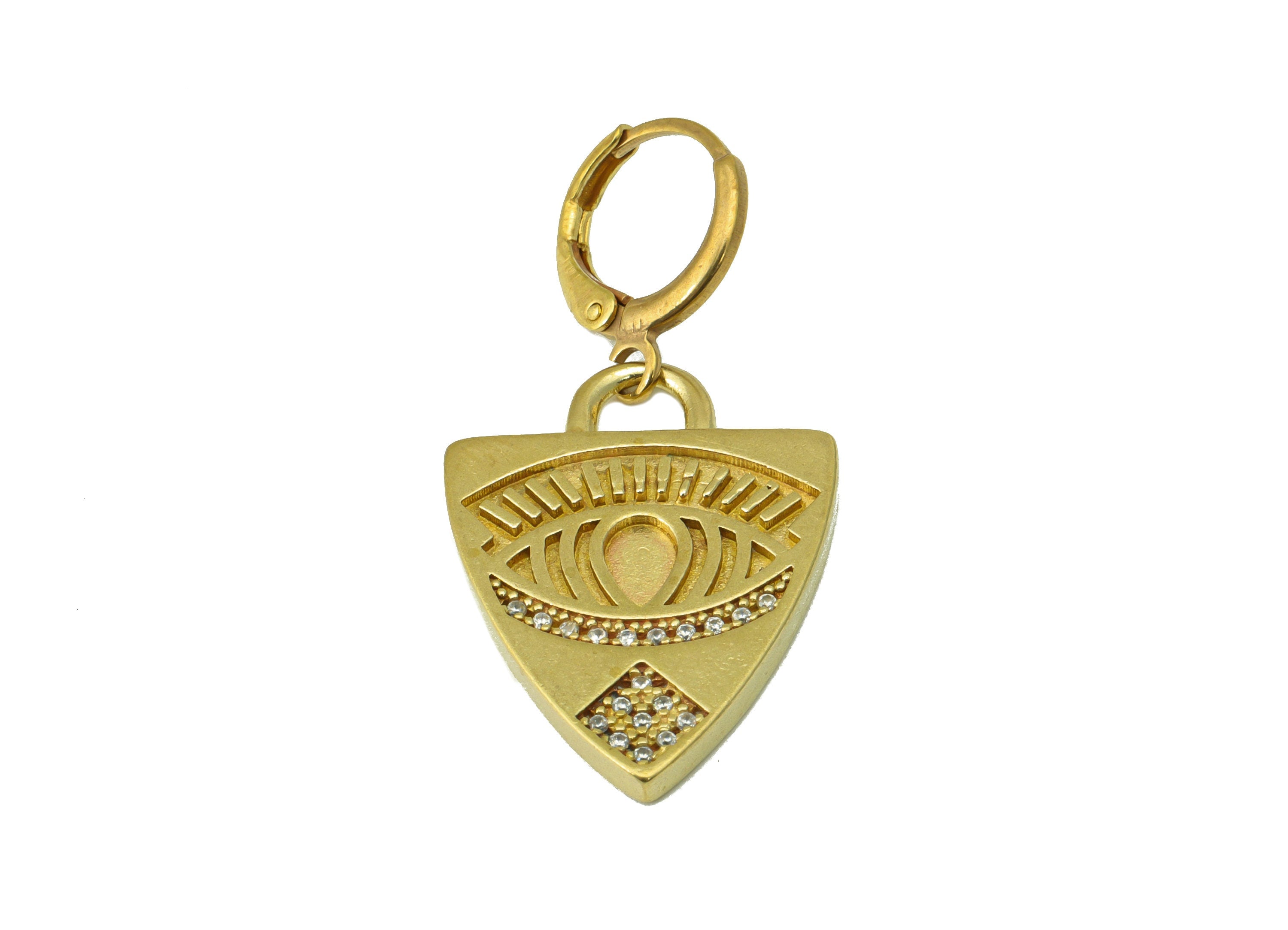 Brass Triangle Eye Clasp - Raw Brass Eyelash Hoop Clasp -Brass Huggie Clasp - Brass Shield Clasp Cubic Zircon -38.48x19.49x2.27mm - PP8591 - DOMEDBAZAAR