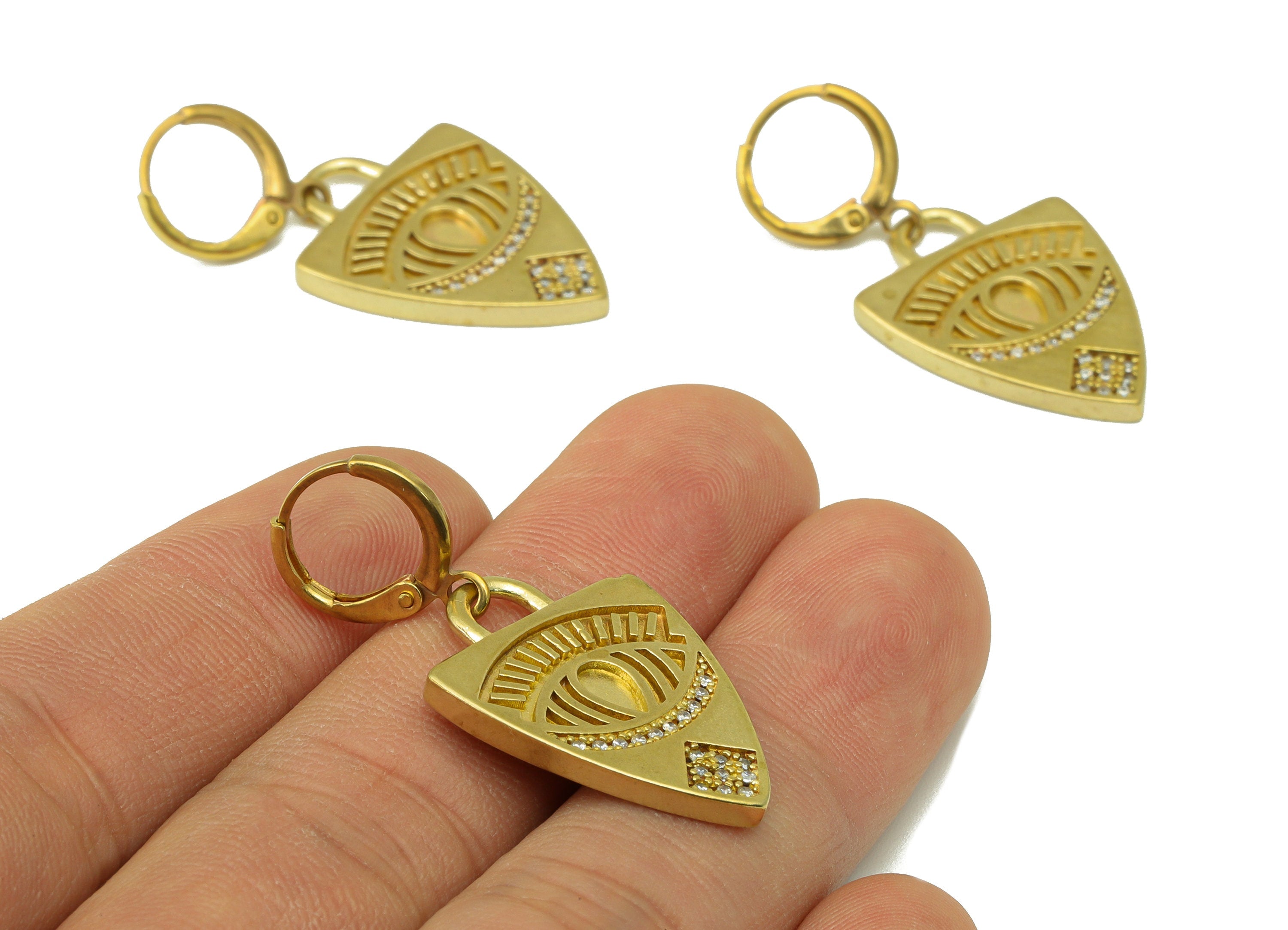 Brass Triangle Eye Clasp - Raw Brass Eyelash Hoop Clasp -Brass Huggie Clasp - Brass Shield Clasp Cubic Zircon -38.48x19.49x2.27mm - PP8591 - DOMEDBAZAAR