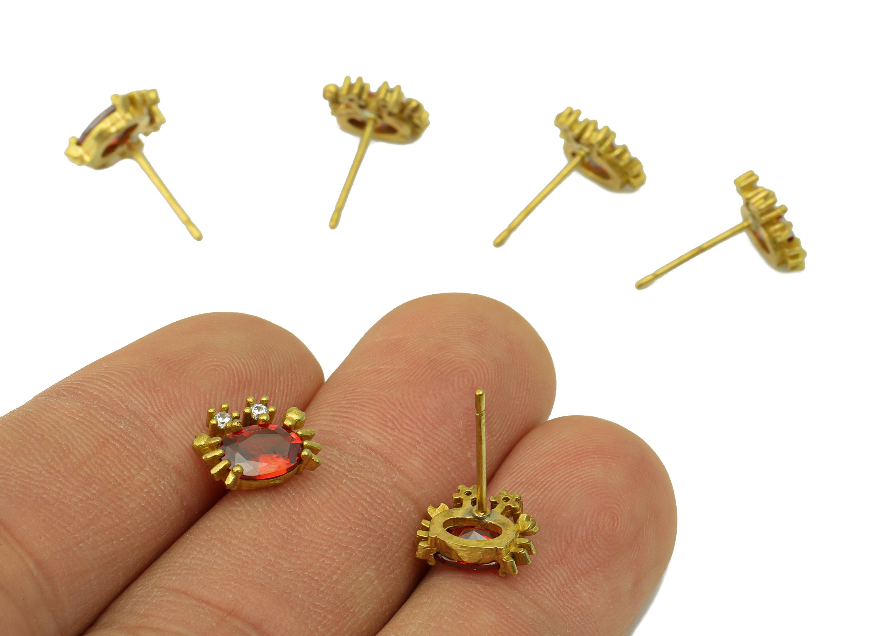 Brass Crab Earring Stud - Red Crab Earring Post - Brass Animal Earring Post - Cubic Zirconia - Earring Post - 8.33x9.92x3.08mm- PP8578 - DOMEDBAZAAR