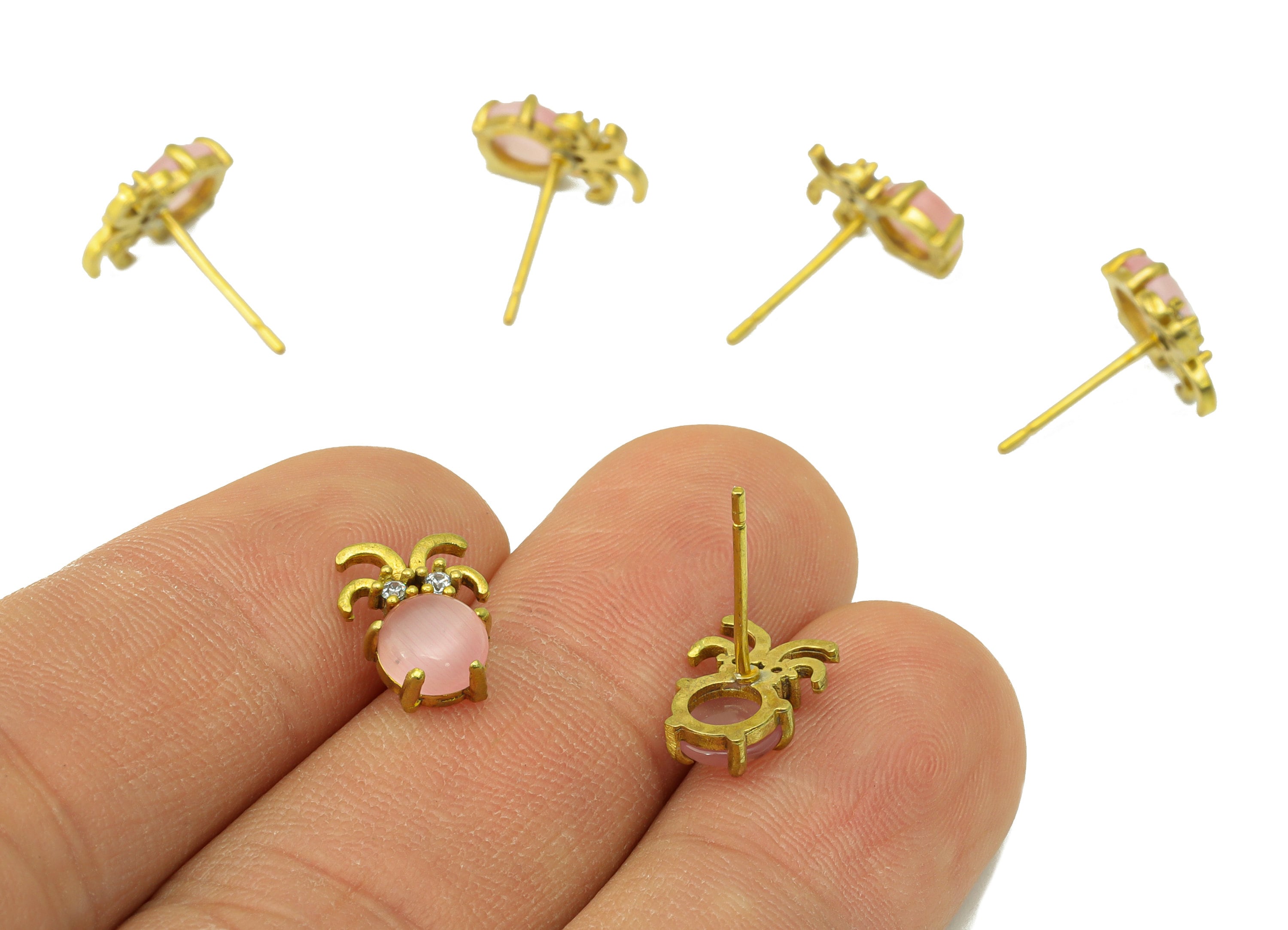 Brass Pink Jade Earring Stud - Insect Earring Post - Brass Fruit Earring Post - Cubic Zirconia - Earring Post - 10.97x8.23x3.77mm- PP8577 - DOMEDBAZAAR