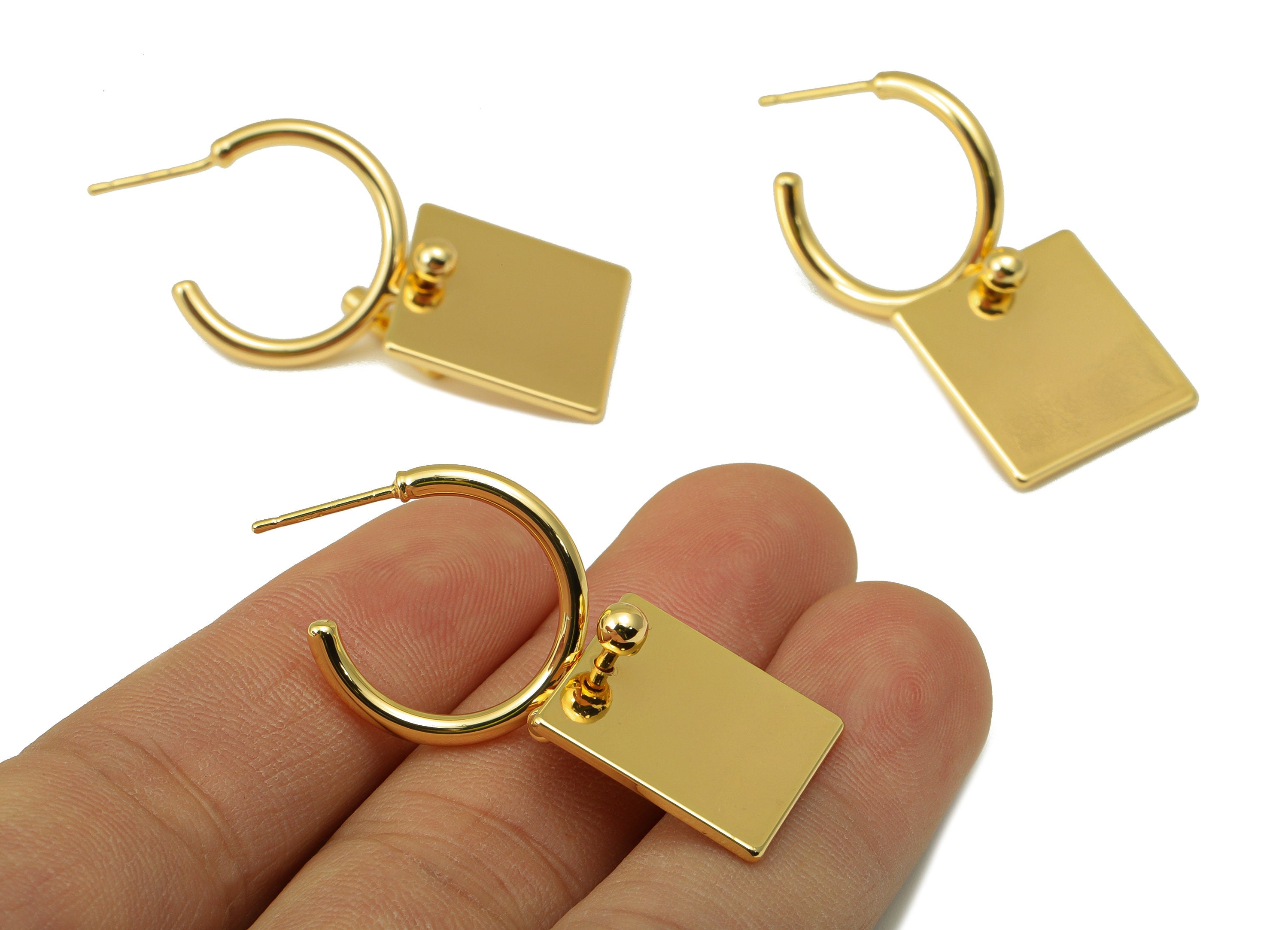 Brass Open Hoop Earring Stud - Brass Gold Square Earring Post - Brass Square Dangle Earring - 18k real gold-plated -35.7x18.36x1mm- RGP6647 - DOMEDBAZAAR