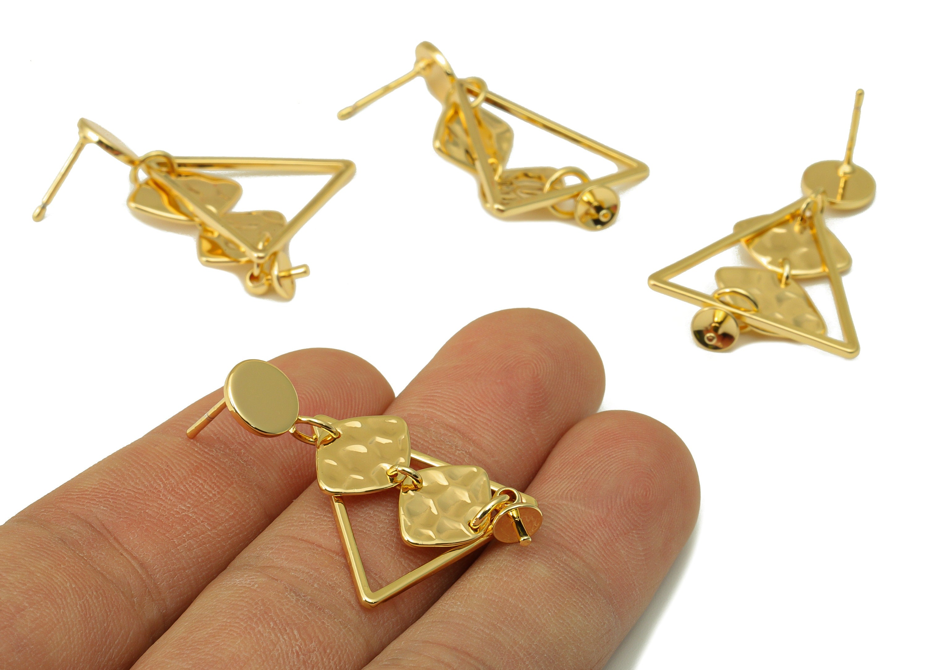 Brass Triangle Earring Stud - Hammered Hanging Diamond Earring Post- Gold Dangle Earring For Pearl- 18k Real Gold plated -39x24x2mm-RGP6659 - DOMEDBAZAAR