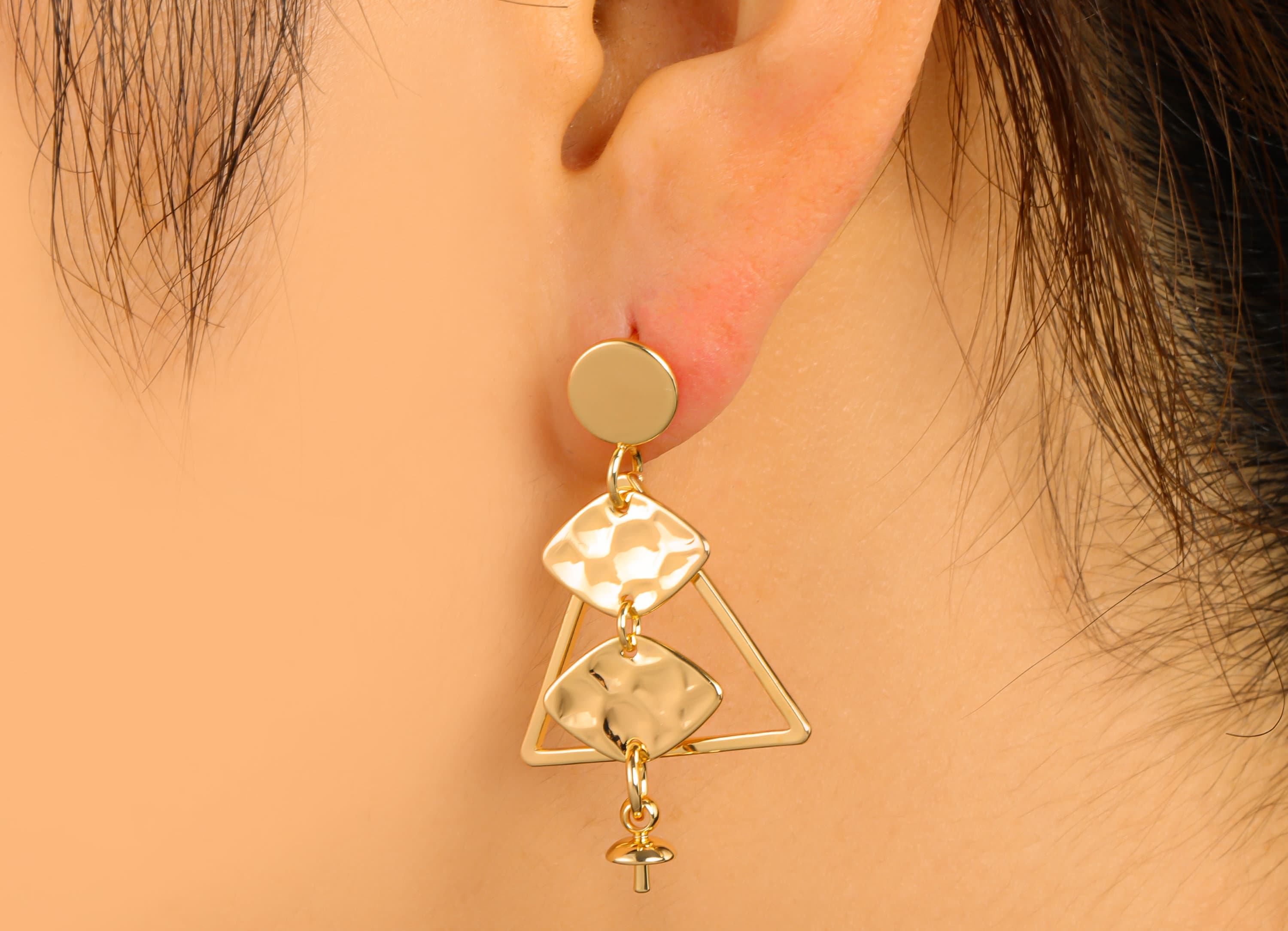 Brass Triangle Earring Stud - Hammered Hanging Diamond Earring Post- Gold Dangle Earring For Pearl- 18k Real Gold plated -39x24x2mm-RGP6659 - DOMEDBAZAAR