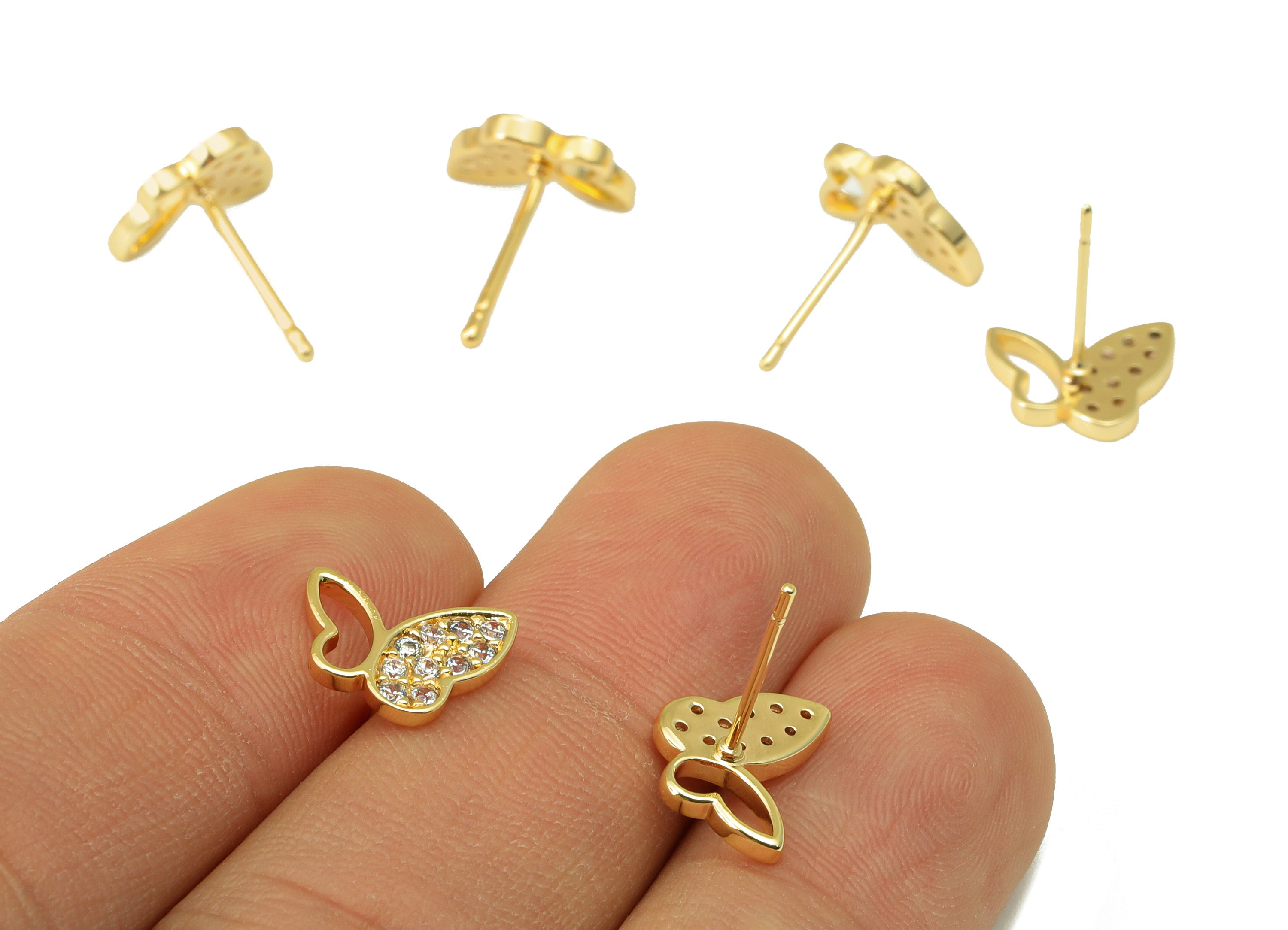 Brass Butterfly Earring Stud - Brass Cubic Zirconia Earring Post- CZ Butterfly Earring Post - 18k Real Gold plated -8.82x11.4x1.42mm-RGP6609 - DOMEDBAZAAR