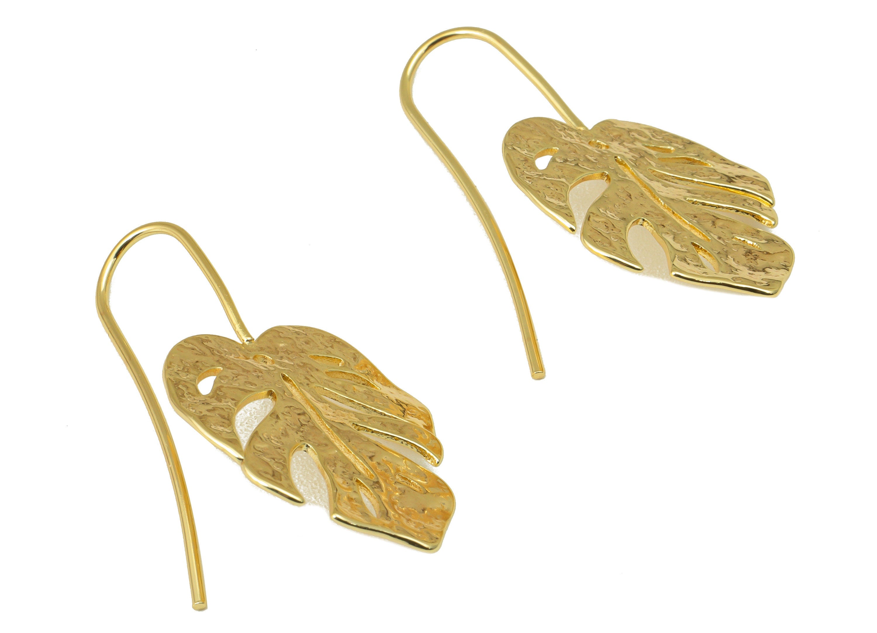 Brass Monstera Ear Wires Earring - Leaf Hook Earring -Textured Botanical Earring - Ear Earring Wire - 18k Real Gold plated-24x20x1mm-RGP6610 - DOMEDBAZAAR