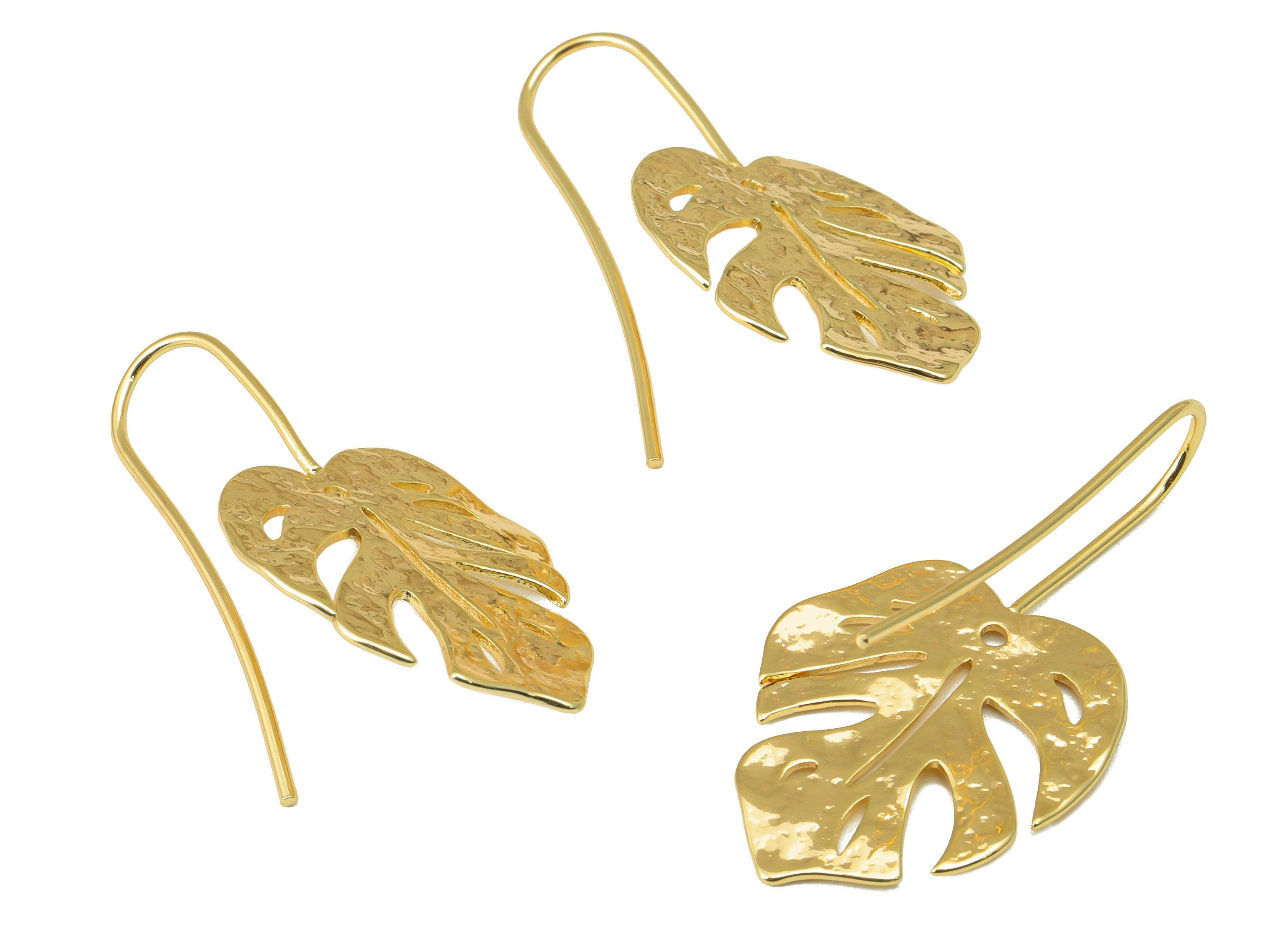 Brass Monstera Ear Wires Earring - Leaf Hook Earring -Textured Botanical Earring - Ear Earring Wire - 18k Real Gold plated-24x20x1mm-RGP6610 - DOMEDBAZAAR