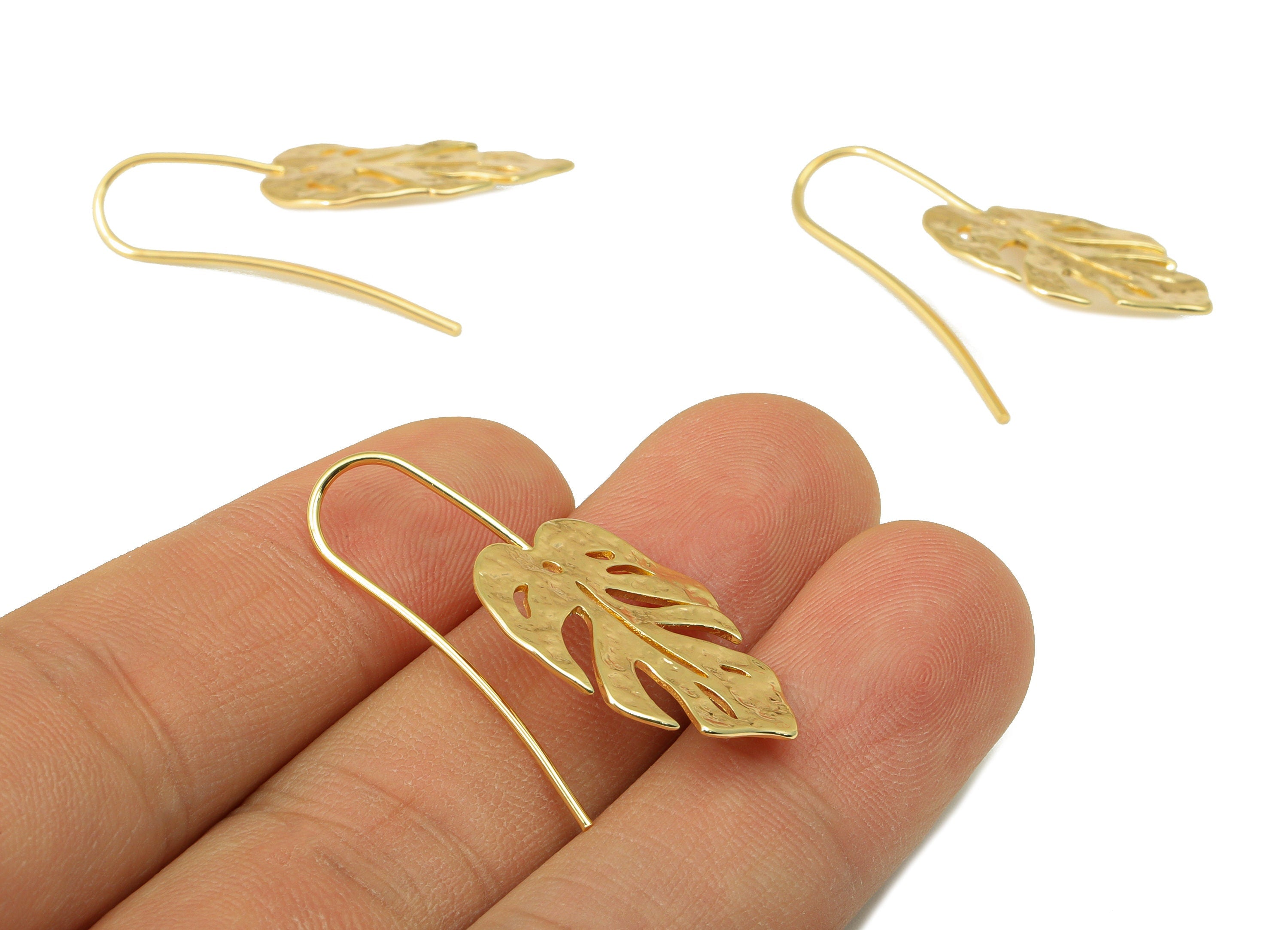 Brass Monstera Ear Wires Earring - Leaf Hook Earring -Textured Botanical Earring - Ear Earring Wire - 18k Real Gold plated-24x20x1mm-RGP6610 - DOMEDBAZAAR