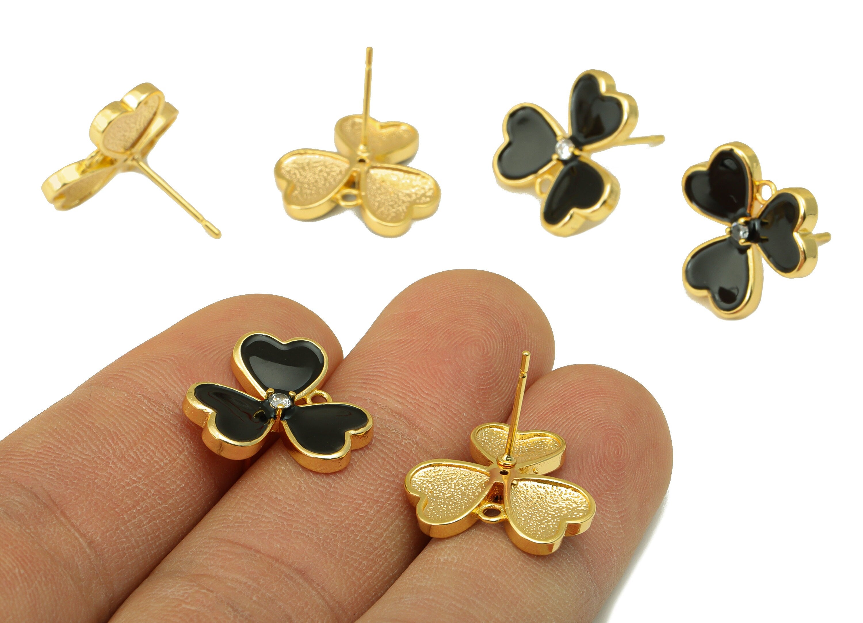 Brass Leaves Earring Stud - Enamel Zircon Clover Heart Earring Post - 316 Stainless Steel - 18k Real Gold Plating -16.1x16.1x1.9mm -RGP5233E - DOMEDBAZAAR