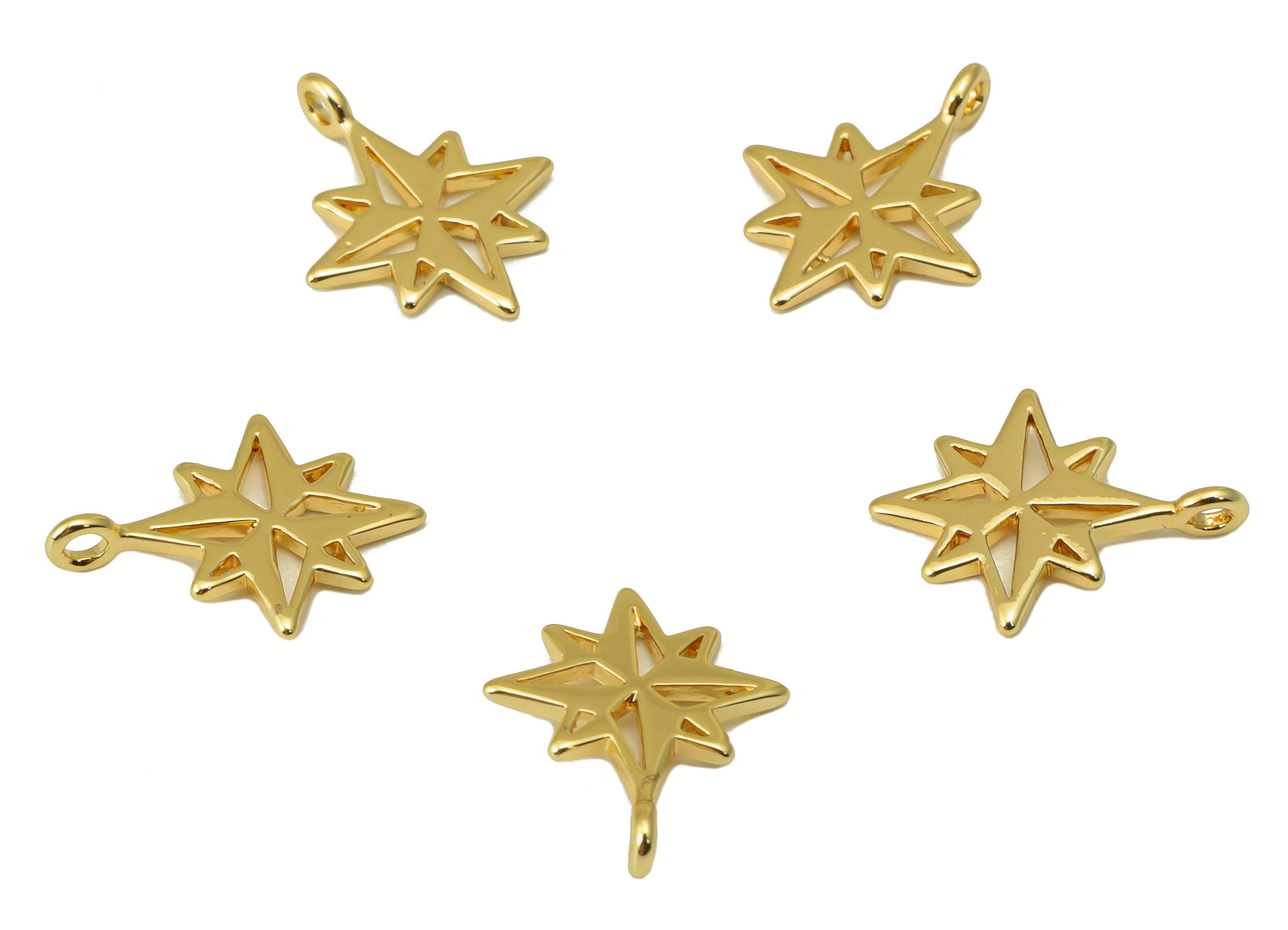 Brass Star Earring Charm - Brass North Star Earring Charms - Mini Hollow Pendant - for Necklace - 18K Real Gold Plated -14x11x0.89mm-RGP6623 - DOMEDBAZAAR