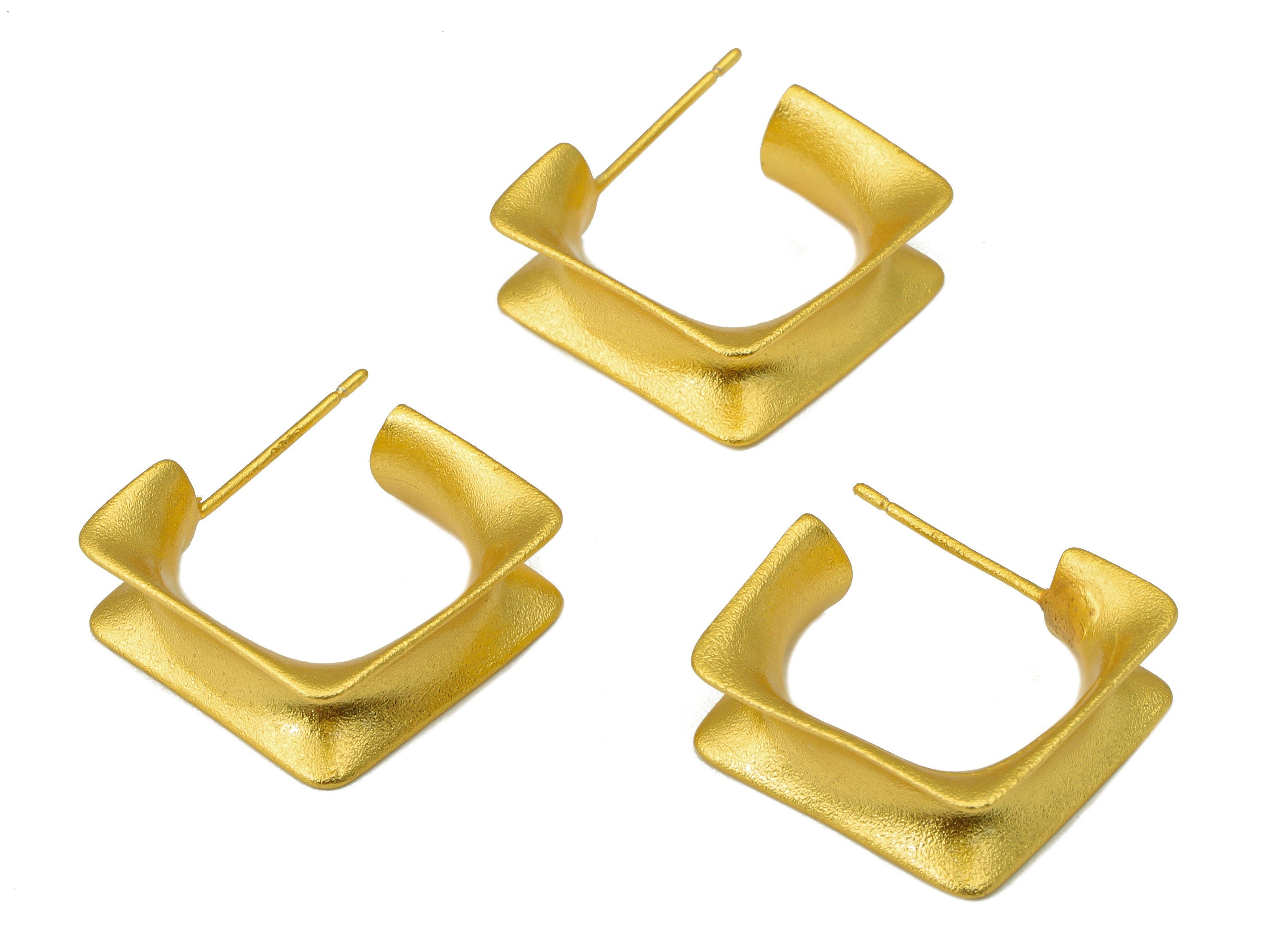 Brass Hoop Square Earring Stud - Brass Cubic Notch Square Earring Post - Frosted Surface - 18k Real Gold plated -18x17x1mm-RGP6632 - DOMEDBAZAAR