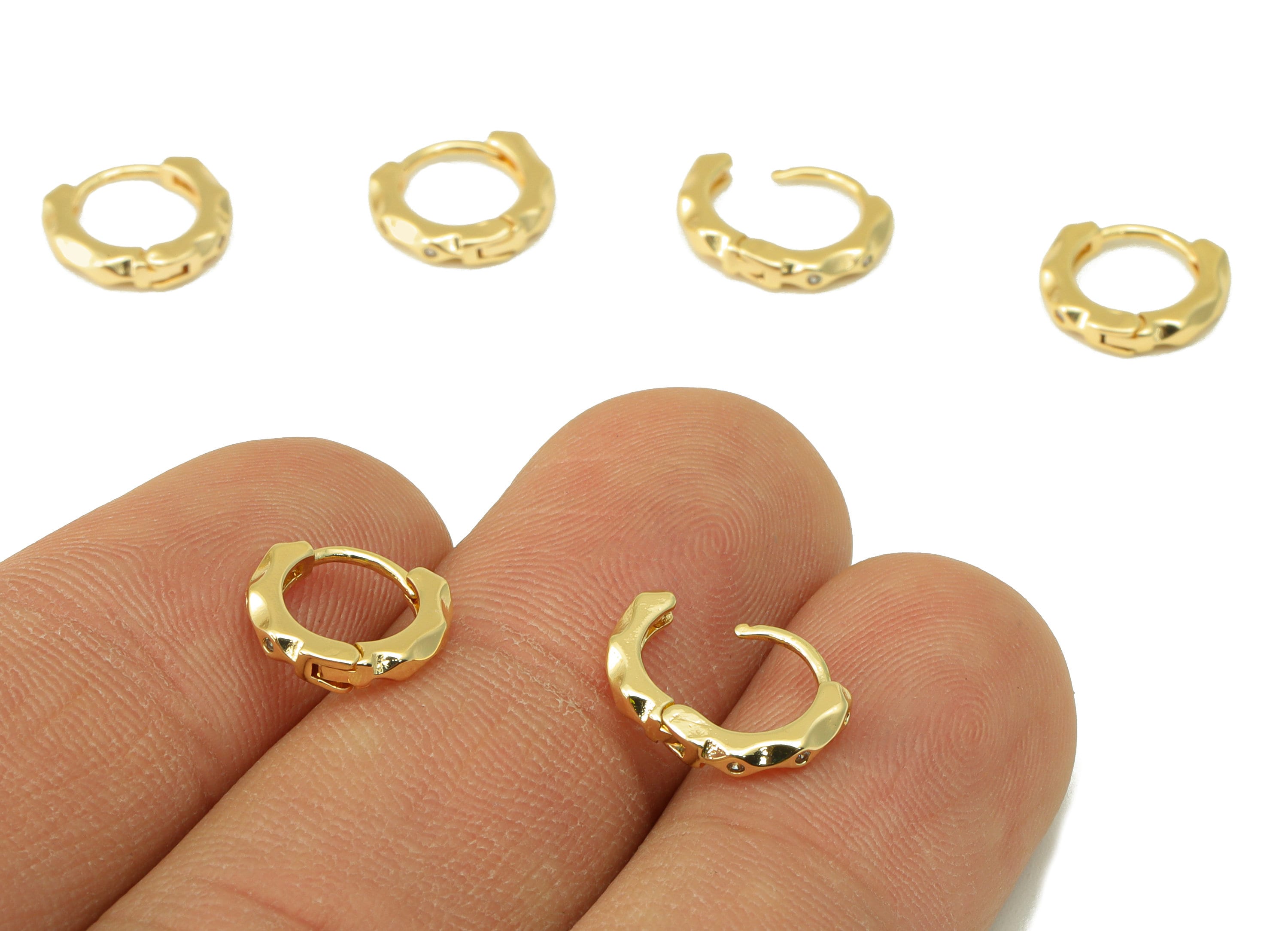 Brass Round Hoop Clasp - Brass Textured Huggie Earring Clasp - Mini Ring Cubic Zirconia Clasp - 18K Real Gold Plated - 10x9x1.9mm- RGP6618 - DOMEDBAZAAR
