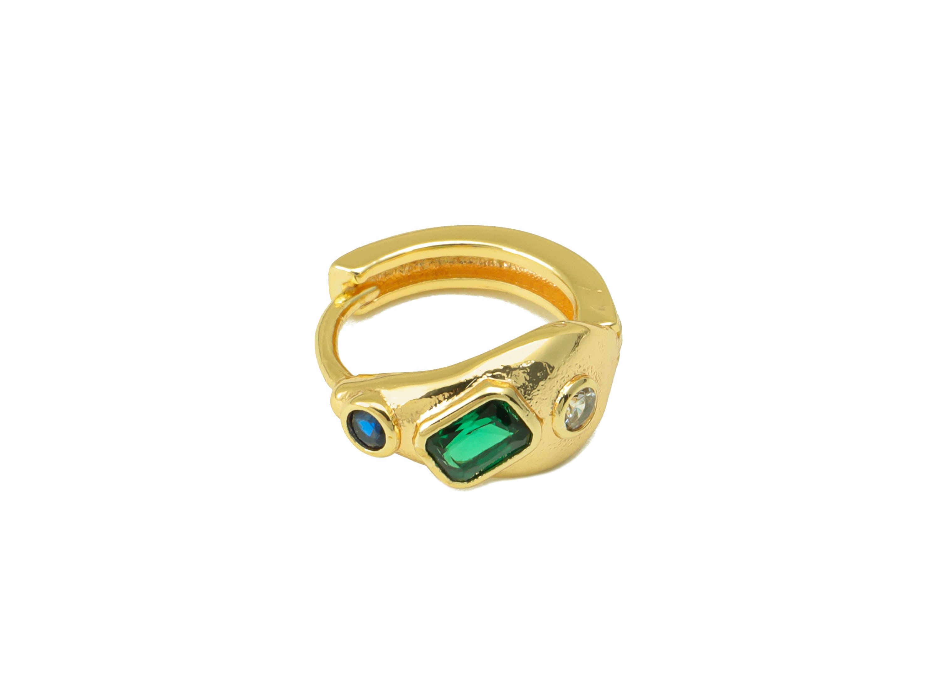 Brass Huggie Hoop Earring Clasp - Brass Green Emerald Hoop Clasp - Ring Blue Cubic Zirconia Clasp - 18K Real Gold Plated -14x13x3mm- RGP6561 - DOMEDBAZAAR
