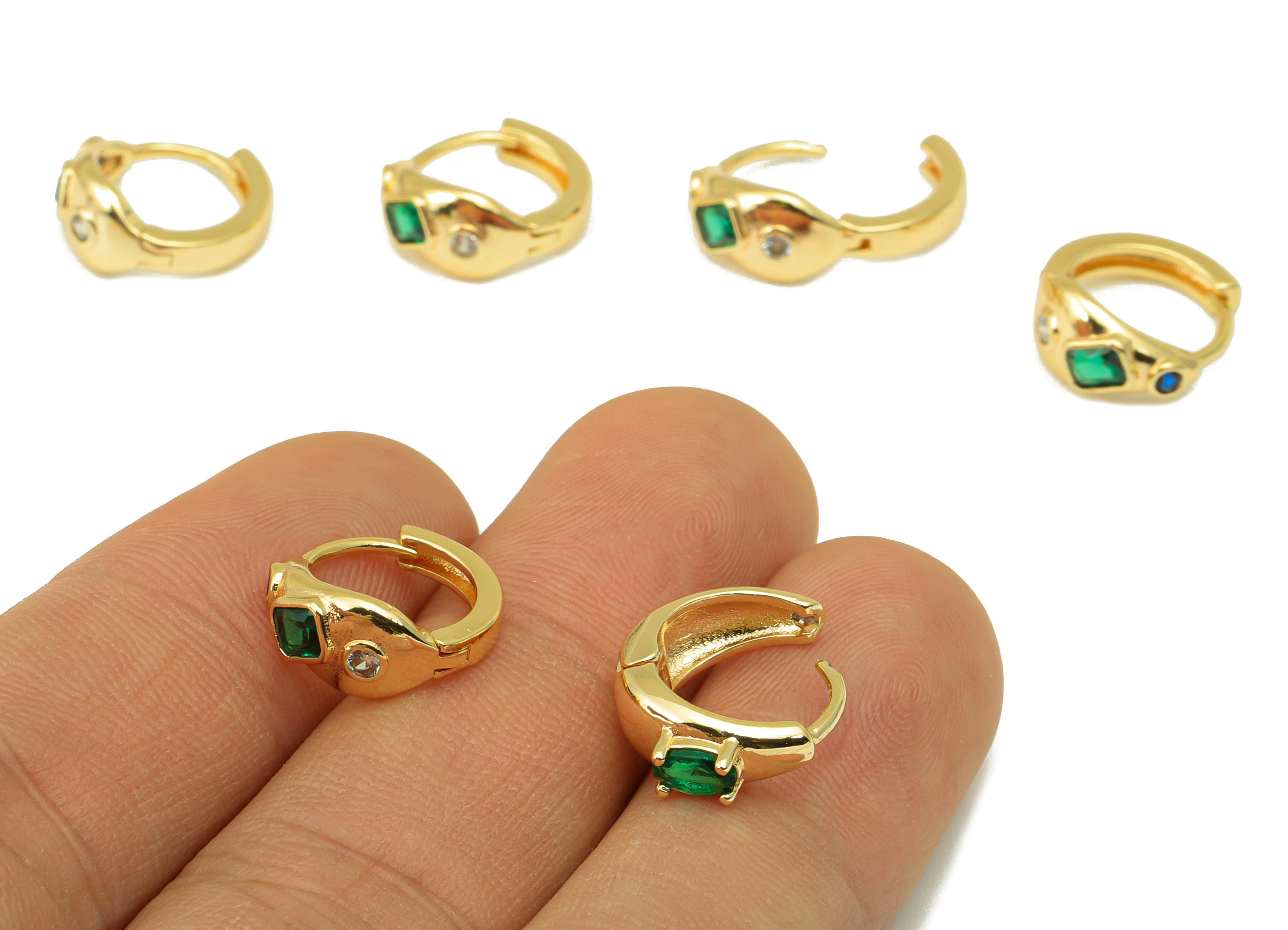 Brass Huggie Hoop Earring Clasp - Brass Green Emerald Hoop Clasp - Ring Blue Cubic Zirconia Clasp - 18K Real Gold Plated -14x13x3mm- RGP6561 - DOMEDBAZAAR